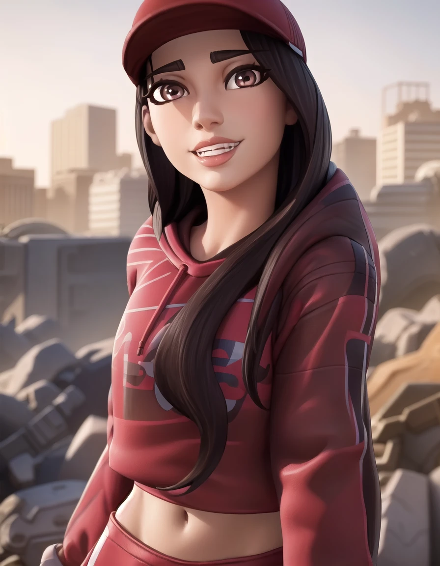 fortniteruby, <lora:fortnite ruby-lora-nochekaiser:1>,
ruby, long hair, black hair, (brown eyes:1.5), lips,
BREAK gloves, hat, shoes, black gloves, midriff, pants, hood, fingerless gloves, hoodie, baseball cap, red headwear, red hoodie,
BREAK outdoors, cityscape,
BREAK looking at viewer, (cowboy shot:1.5), smile,
BREAK <lyco:GoodHands-beta2:1>, (masterpiece:1.2), best quality, high resolution, unity 8k wallpaper, (illustration:0.8), (beautiful detailed eyes:1.6), extremely detailed face, perfect lighting, extremely detailed CG, (perfect hands, perfect anatomy),