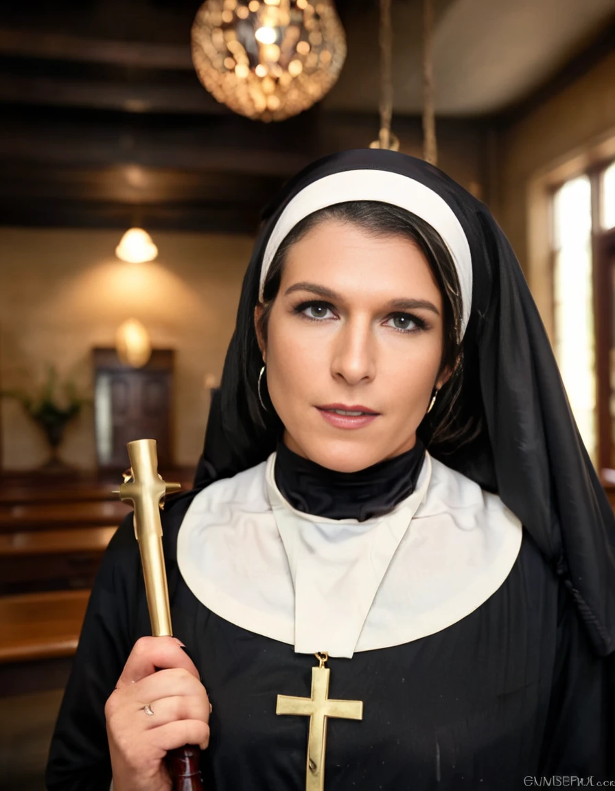 fat mature woman in a nun costume reading a book, nun outfit, nun fashion model, nun, wearing a cross on a robe, wearing a black robe, nun fashion model looking up, wearing a matron's uniform, wearing a black robe, an evil nun, kneeling and looking, wearing Black robe, wearing a dark robe, wearing black silk robes, beads crisscrossed on the bare chest,huge boobs