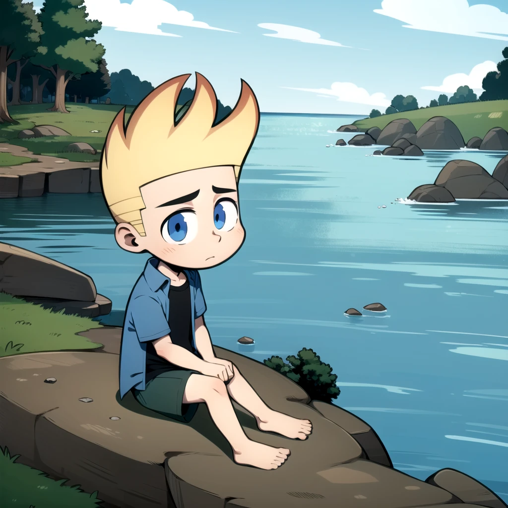 solo, 1boy, johnny test, blonde hair, blue eyes, shirt, open clothes, black shirt, child,  <lora:Johnny_Test_Leaf4:0.6>, sitting, sitting on rock