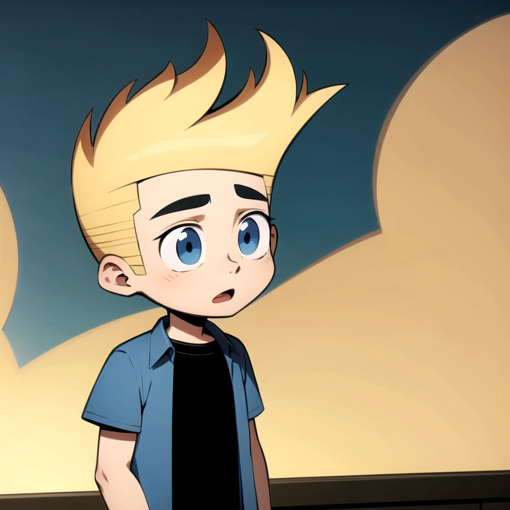 solo, 1boy, johnny test, blonde hair, blue eyes, shirt, open clothes, black shirt, child,  <lora:Johnny_Test_Leaf4:0.6>, cowboy shot,