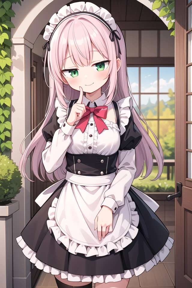 insanely detailed, absurdres, ultra-highres, ultra-detailed, best quality,
1girl, solo, nice hands, perfect hands,
BREAK
apron, blush, bow, bowtie, frilled apron, frills, long sleeves, maid, maid apron, maid headdress, waist apron, white apron
BREAK
smile, closed mouth
BREAK
(finger to mouth, shushing:1.2), index finger raised, cowboy shot, looking at viewer,
BREAK
slender, kawaii, perfect symmetrical face, ultra cute girl, ultra cute face, ultra detailed eyes, ultra detailed hair, ultra cute, ultra beautiful,
BREAK
day, flower, ivy, leaf, indoors, open door, plant, potted plant, vines, window,
BREAK
white (pink:1.2) hair, green eyes, long hair, medium breasts, bangs, eyebrows visible through hair,