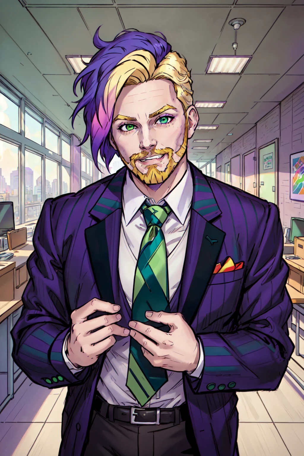 masterpiece, official art, 1boy, male focus, solo, facial hair, necktie, smile, beard, grin, gradient hair, multicolored hair, dyed bangs, blonde hair, purple hair, green hair, purple eyes, green eyes, heterochromia, formal, looking at viewer, prison clothes, striped suit, suit, indoors, office building, in the style of corporate punk, extremely detailed, art by Jack Kirby and Adam Hughes and Terry Dodson, award winning movie poster, in the style of Beetlejuice, because fuck corporations, oh and genocide is evil