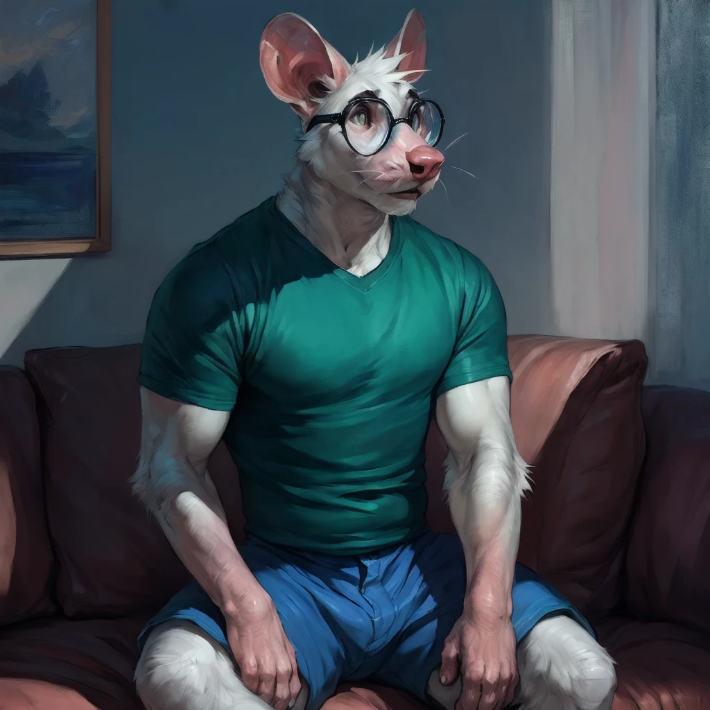 <lora:Ian_Simmaus:1>, ian_simmaus, clothed, glasses, green_shirt, blue_shorts, living_room, sofa, sitting, sitting_on_sofa, solo, by Darkgem, by Ouna, by LevelViolet, by Taran Fiddler, by Rajiv