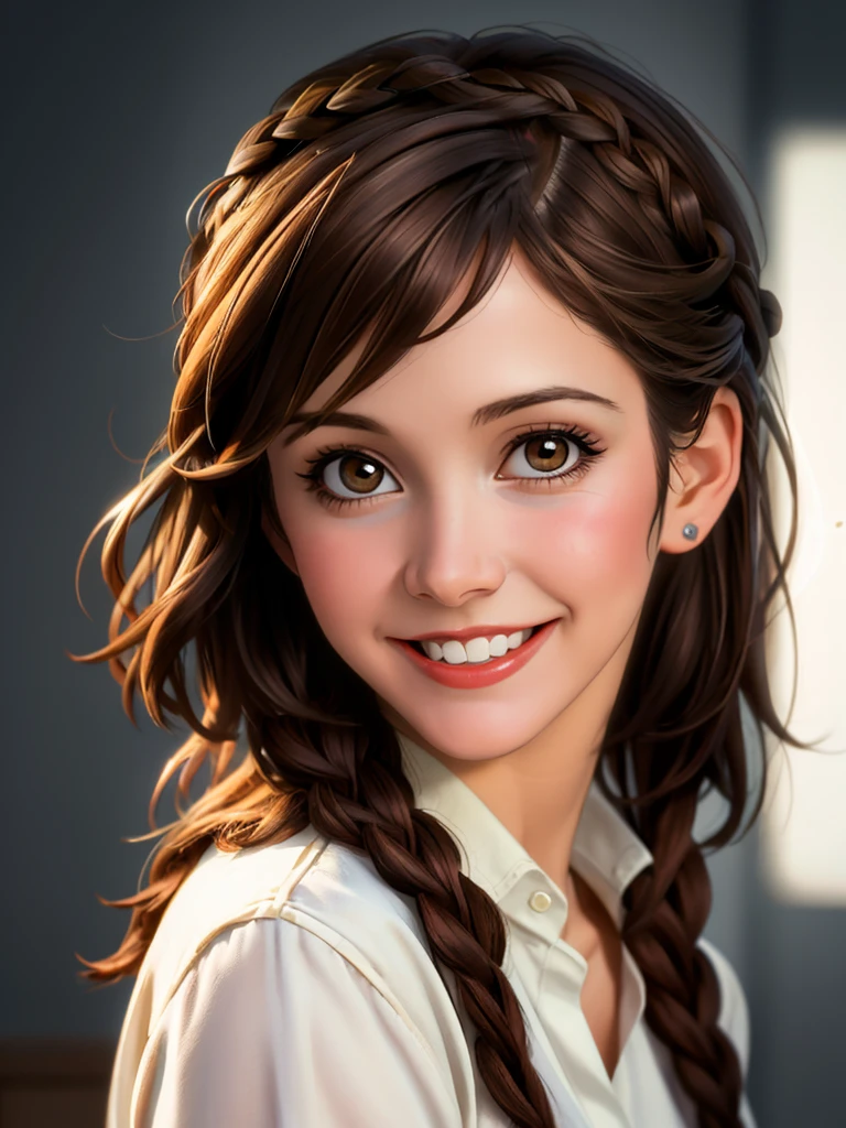 A beautiful c4rr13f,1girl, solo, smile, brown hair, brown eyes, upper body, braid, teeth, grin, realistic, real life insert,soft lighting, professional Photography, Photorealistic, detailed, RAW, analog, sharp focus, 8k, HD, high quality, masterpiece<lora:c4rr13f:1.0>