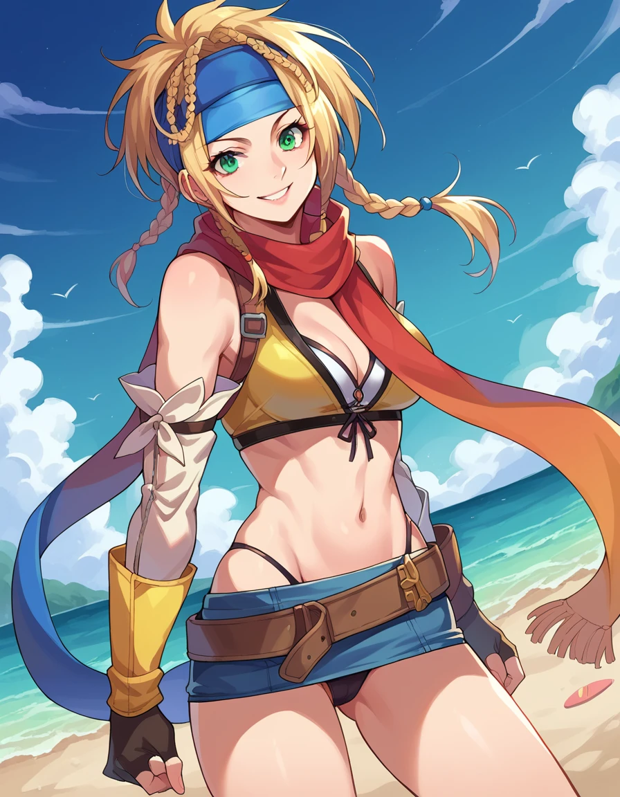score_9, score_8_up, score_7_up, source_anime,
ffrikku, <lora:ff-rikku-ponyxl-lora-nochekaiser:1>,
rikku, blonde hair, braid, green eyes, long hair, headband,
bare shoulders, belt, bikini, detached sleeves, fingerless gloves, gloves, headband, miniskirt, panties, scarf, skirt, swimsuit, thong, underwear,
outdoors, beach, smile,
looking at viewer, cowboy shot, dutch angle,