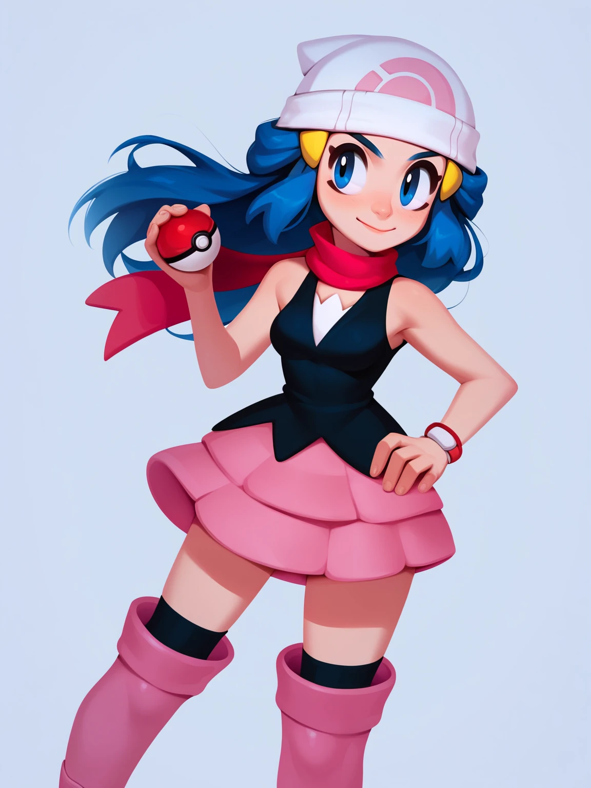 score_9, score_8_up, score_7_up, score_6_up, score_5_up, score_4_up, BREAK 1girl, dawn \(pokemon\) holding pokeball, beanie, long hair, blue hair, blue eyes, black sleeveless shirt, pink scarf, pink skirt, pink boots, standing, hand on hips, solo, simple background <lora:TomacoSunderlandXLLocon:1>