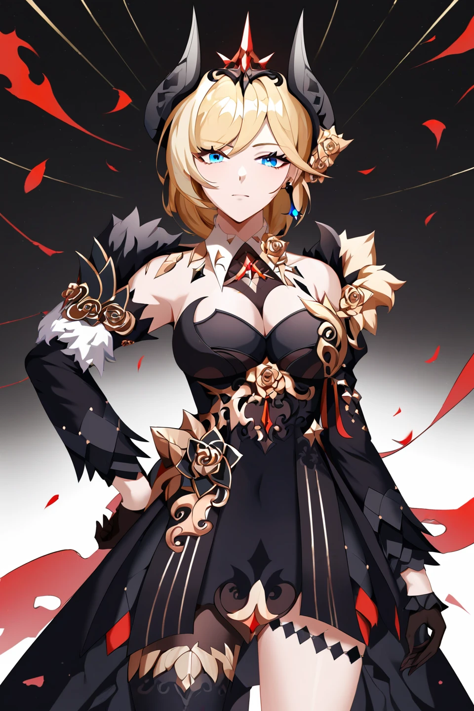 score_9,score_8_up,score_7_up,best quality,masterpiece,4k,prefect lighting,very aesthetic,anime,cowboy shot,standing,white background,looking at viewer,hand on hip,dyl,1girl,blonde hair,gloves,blue eyes,horns,breasts,black gloves,black dress,black single thighhigh,earrings,jewelry,<lora:tyyl-v100-pony:0.9>,, masterpiece, best quality,