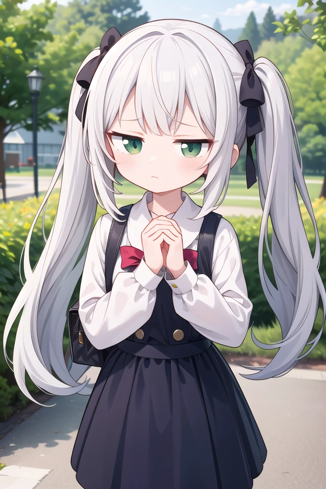 insanely detailed, absurdres, ultra-highres, ultra-detailed, best quality,
1girl, solo, nice hands, perfect hands,
BREAK,
wearing summer school uniform,
expressionless, closed mouth,
standing,
45 angle, cowboy shot, looking at viewer,
BREAK,
(tsurime:1.4),slender, kawaii, perfect symmetrical face, ultra cute girl, ultra cute face, ultra detailed eyes, ultra detailed hair, ultra cute, ultra beautiful,
by Canon EOS, SIGMA Art Lens 35mm F1.4, ISO 200 Shutter Speed 2000,
BREAK,
in a park,
silver hair, twintails, green eyes,