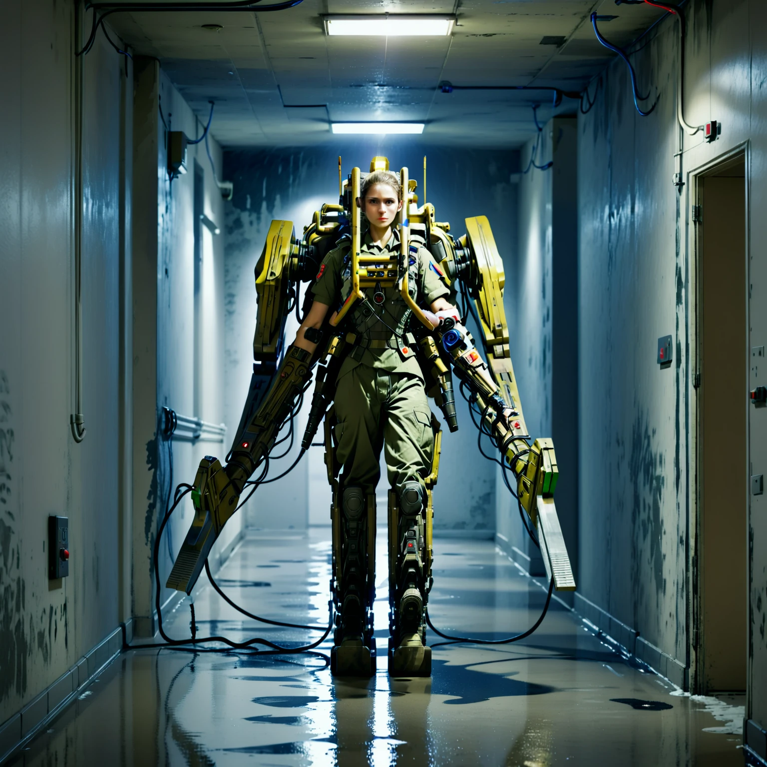 a soldier in a pwrldr walking down a corridor, pwldr, search light, concrete, damp, industrial, military uniform, mechanical arms, machine, machinery,