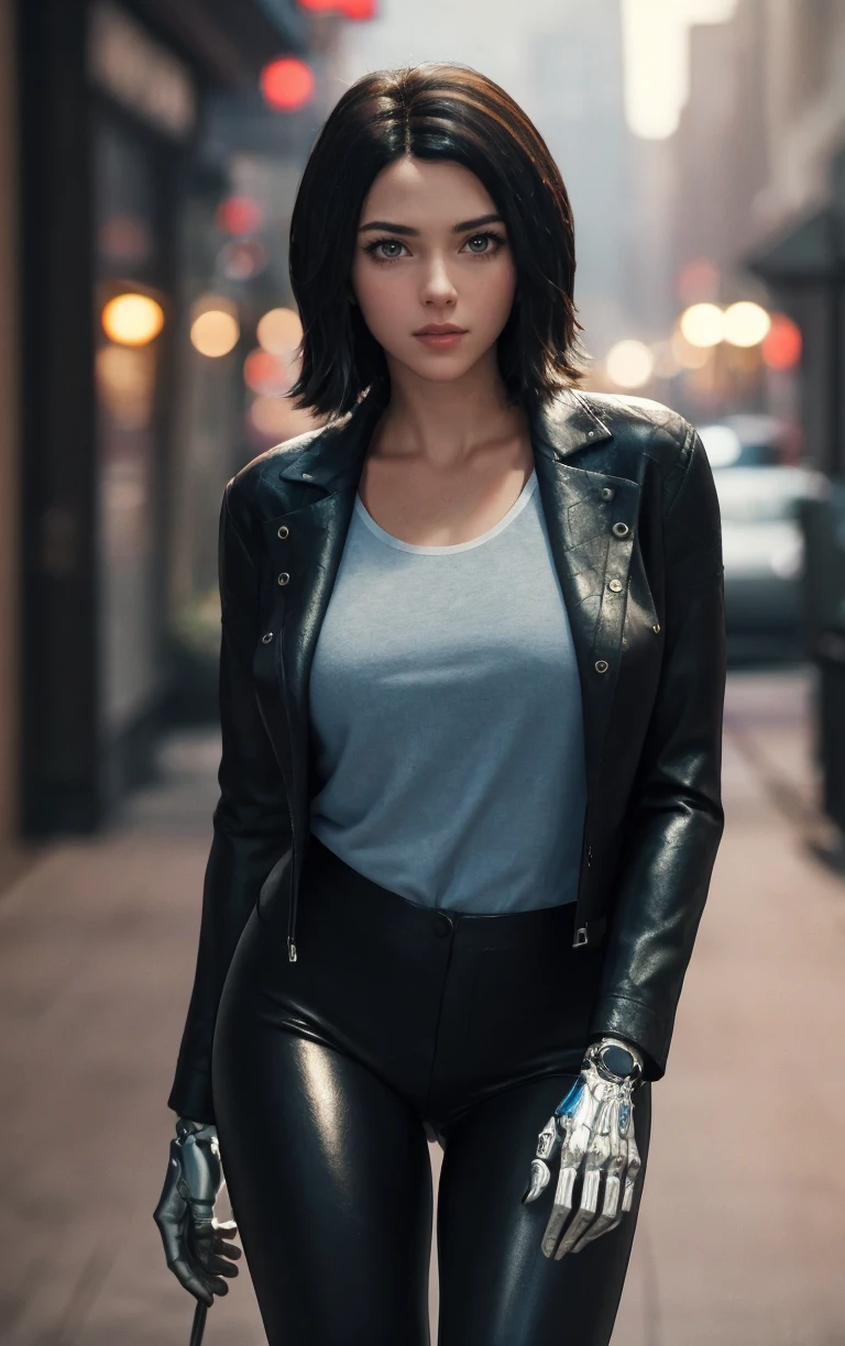 Jacket_Alita_LiveAction_ownwaifu,
1girl, black hair, realistic, lips, brown eyes, short hair, nose, medium hair, cyborg, mechanical arms,
shirt, jacket, black jacket, leather jacket, leather, open jacket, blue shirt, pants, cyberpunk,
<lora:CONCEPT_Alita_LiveAction_ownwaifu:0.7> ,
((masterpiece)),((best quality)),(highres, absurdres), original, official_art, chromatic_aberration, light_particles, bokeh, bloom, depth_of_field, outdoors, day, looking at viewer, solo, cowboy shot,