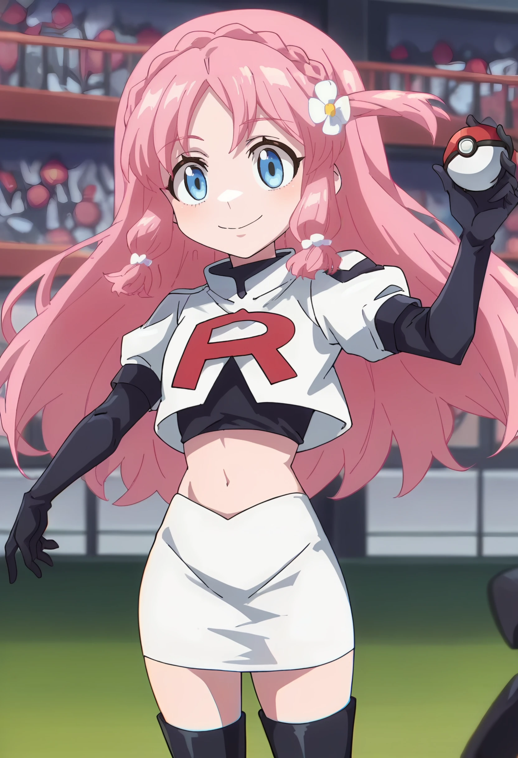 simplelatexdress <lora:Nei Okawamura:1> nei okawamura, pink_hair, long_hair, 1girl, blue_eyes, solo, braid, smile, hair_flower,hair_ornament,  throwing a pokeball , <lora:TeamRocketUniform-pony:0.8> team rocket uniform, white jacket, white skirt, black thigh boots, midriff, black elbow gloves, score_9, score_8_up, score_7_up, score_6_up, score_5_up, score_4_up , anime coloring ,BREAK source_anime, anime