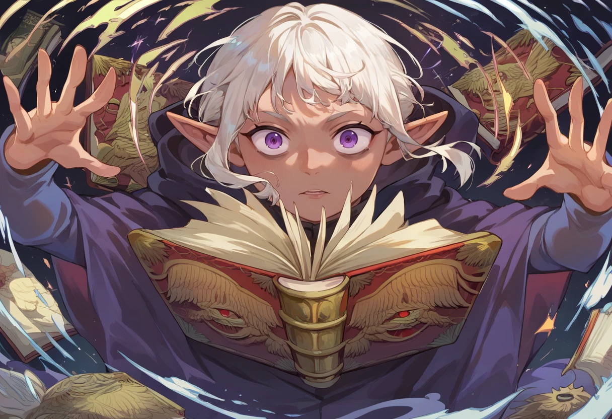 score_9, score_8_up, score_7_up, score_6_up, source anime, BREAK
<lora:dungeon_meshi_thistle:1> eltsihtpnxl, pointy ears, book,  1boy, looking at viewer, solo, elf, open book, white hair, short hair, long sleeves, cloak, parted lips, floating book, upper body, hood, robe, open mouth, casting spell