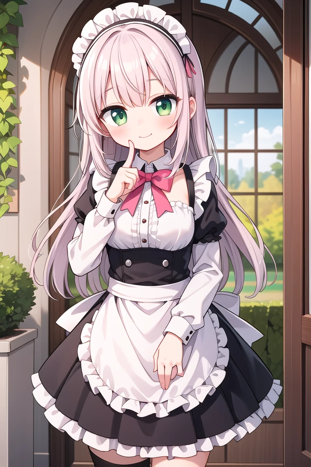 insanely detailed, absurdres, ultra-highres, ultra-detailed, best quality,
1girl, solo, nice hands, perfect hands,
BREAK
apron, blush, bow, bowtie, frilled apron, frills, long sleeves, maid, maid apron, maid headdress, waist apron, white apron
BREAK
smile, closed mouth
BREAK
(finger to mouth, shushing:1.2), index finger raised, cowboy shot, looking at viewer,
BREAK
slender, kawaii, perfect symmetrical face, ultra cute girl, ultra cute face, ultra detailed eyes, ultra detailed hair, ultra cute, ultra beautiful,
BREAK
day, flower, ivy, leaf, indoors, open door, plant, potted plant, vines, window,
BREAK
white (pink:1.2) hair, green eyes, long hair, medium breasts, bangs, eyebrows visible through hair,
