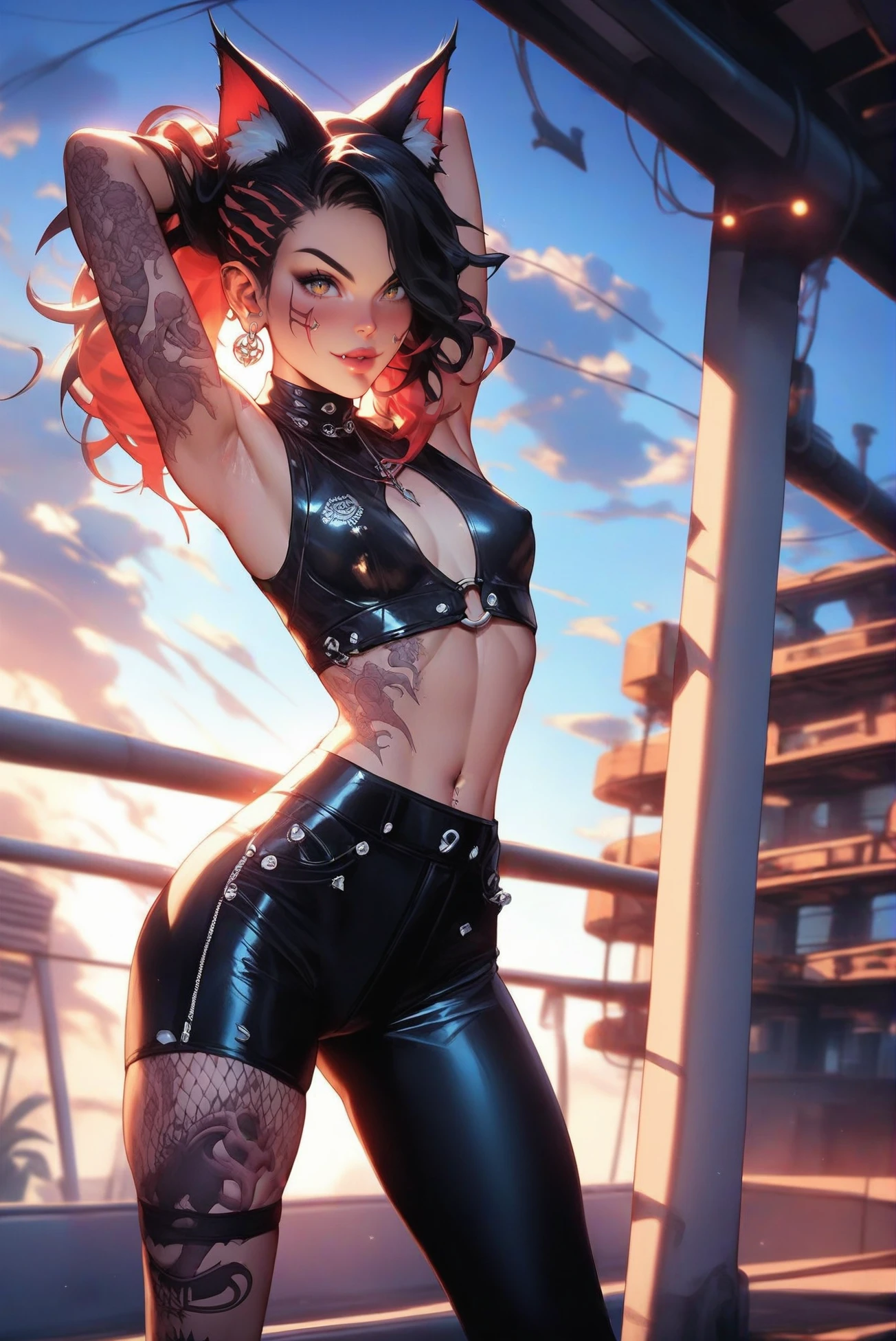 source_anime, score_9, score_8_up, score_7_up, anime style, rating_explicit, 1girl, woman, cat ears assassin villainess, dark leather, asymmetrical legwear, leg tattoos, tattoos, daggers, midnight, bombshell hair, infra bright color:sienna hair, Sugar and Spice Curls, slim, atheletic figure, narrow waist, small breasts, caucasian, morning, blue sky, clouds, scenery, industrial park<lora:ponyprettyeyes1:1>