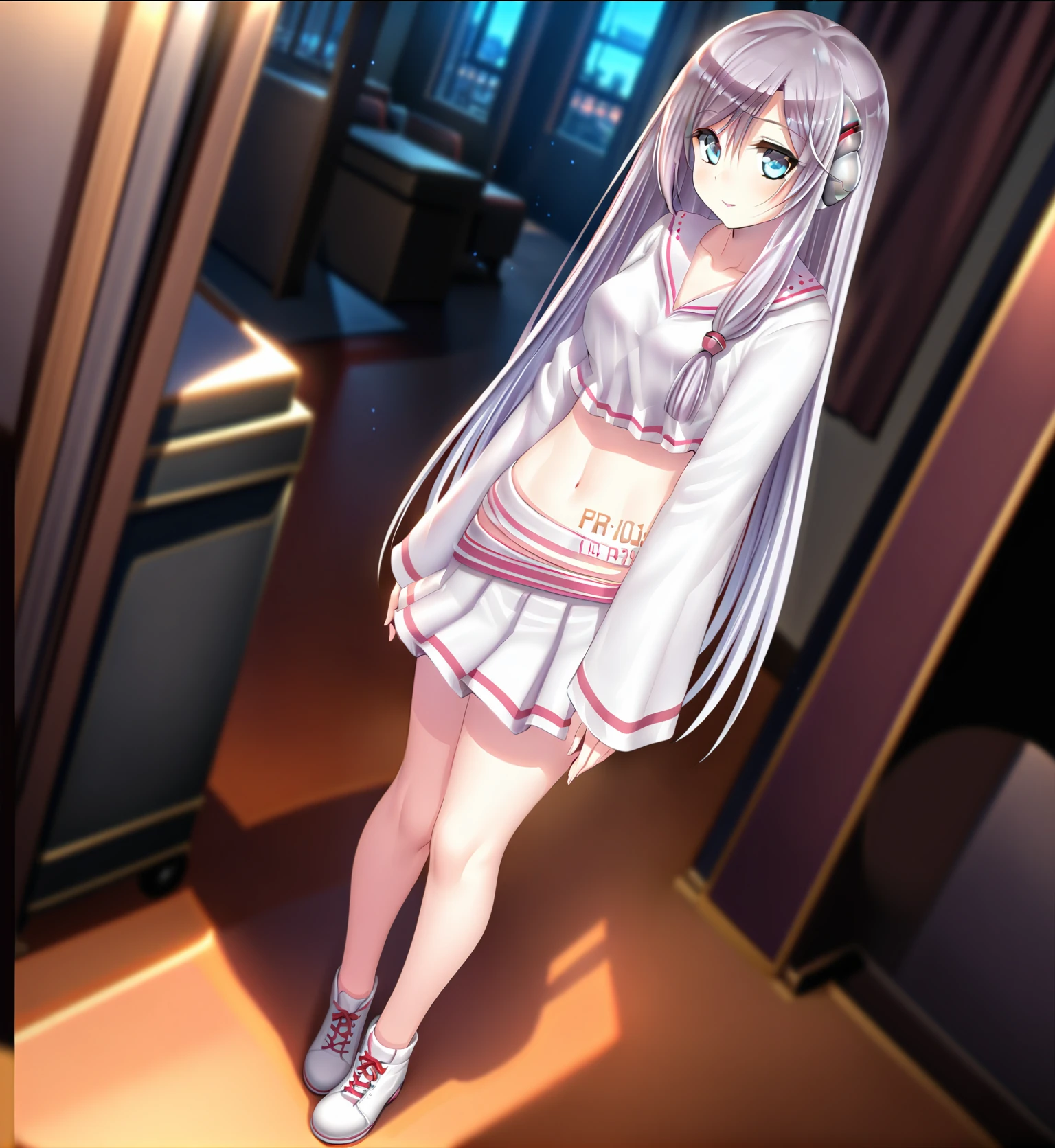 ((masterpiece)),(((best quality))),((extremely detailed)),hdr,1girl,solo,<lora:ä¿®æFixhands_anime_bdsqlsz_V1:0.7>,lucy,<lora:lucy:1>,(midriff:1.1),full body,
