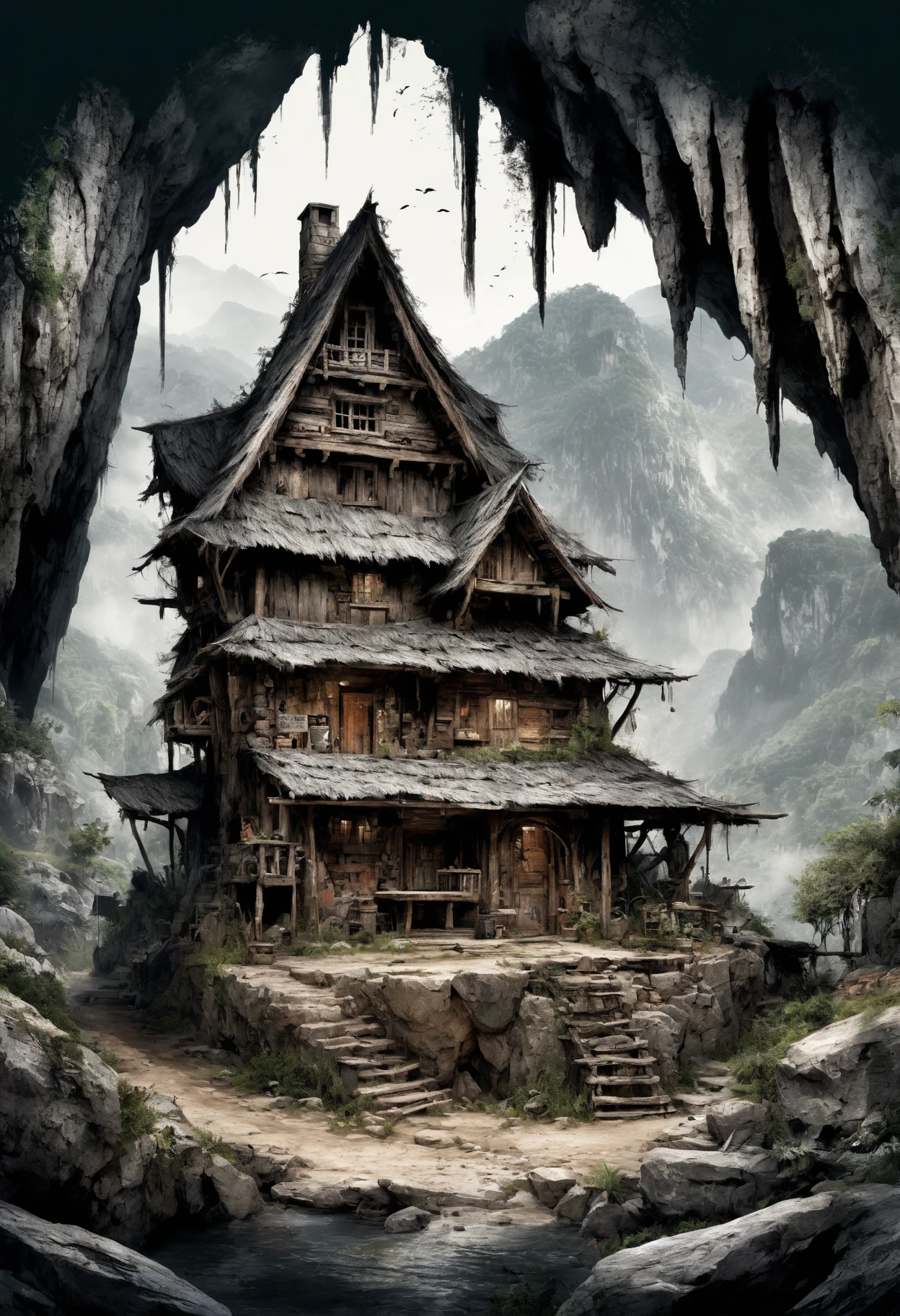 DonMB14ckB377yXL (masterpiece, best quality), mountain village dwelling in cave biome, (highres, 4k, 8k, intricate detail, amazing quality, Detailed Illustration) <lora:Perfect Hands v2> <lora:SDXL\DetailedEyes_V3> <lora:myLoraXL_test\DonMB14ckB377yXL-000008>,