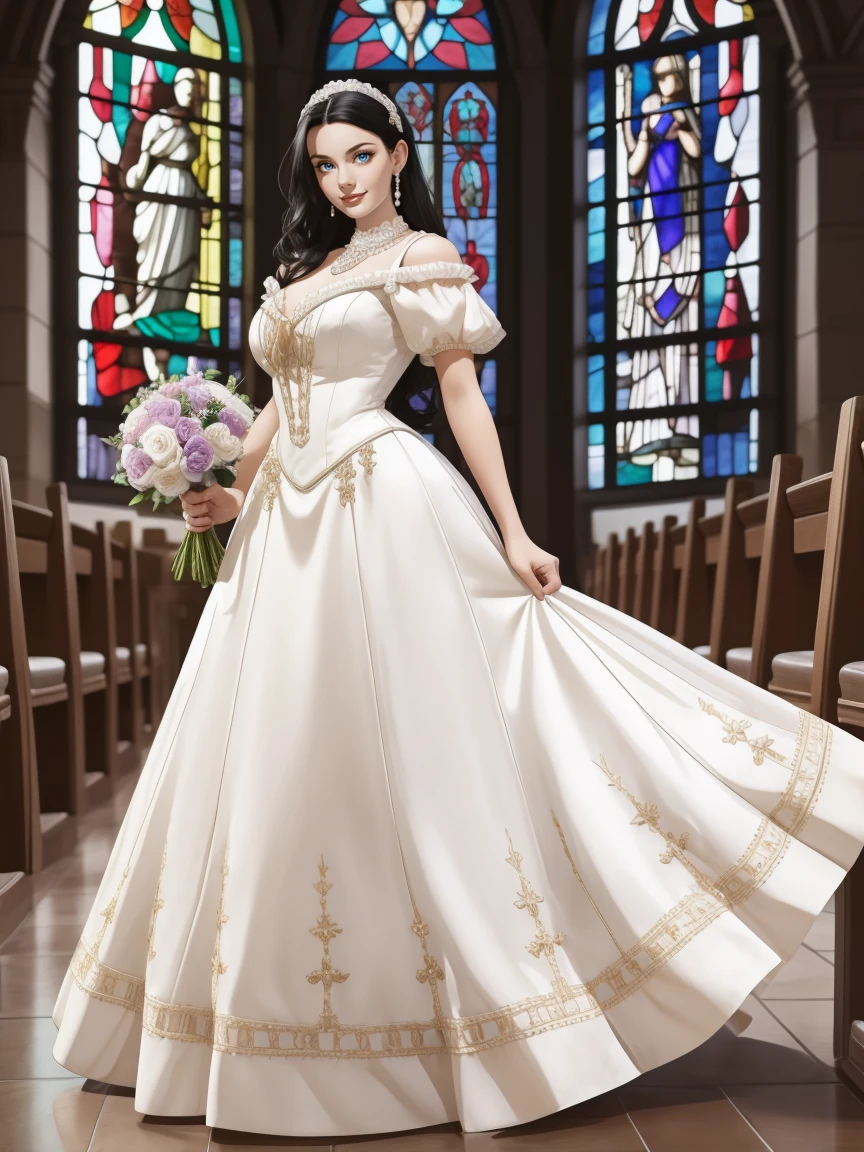 (black hair), adult female, smile, woman, HHUD, <lora:HUD3:0.7>, ((front view)), full body, holding bouquet, highres, 8k, eyeliner, eyeshadow, HUD_Wht_Gwn, off-shoulder, Edwardian era satin white dress, long dress, (puffy short sleeves), flower, fitted bodice, pearl necklace, white chest bow,  lace appliques, high heels, <lora:HUD_Wht_Gwn:0.7>, church, stained glass window