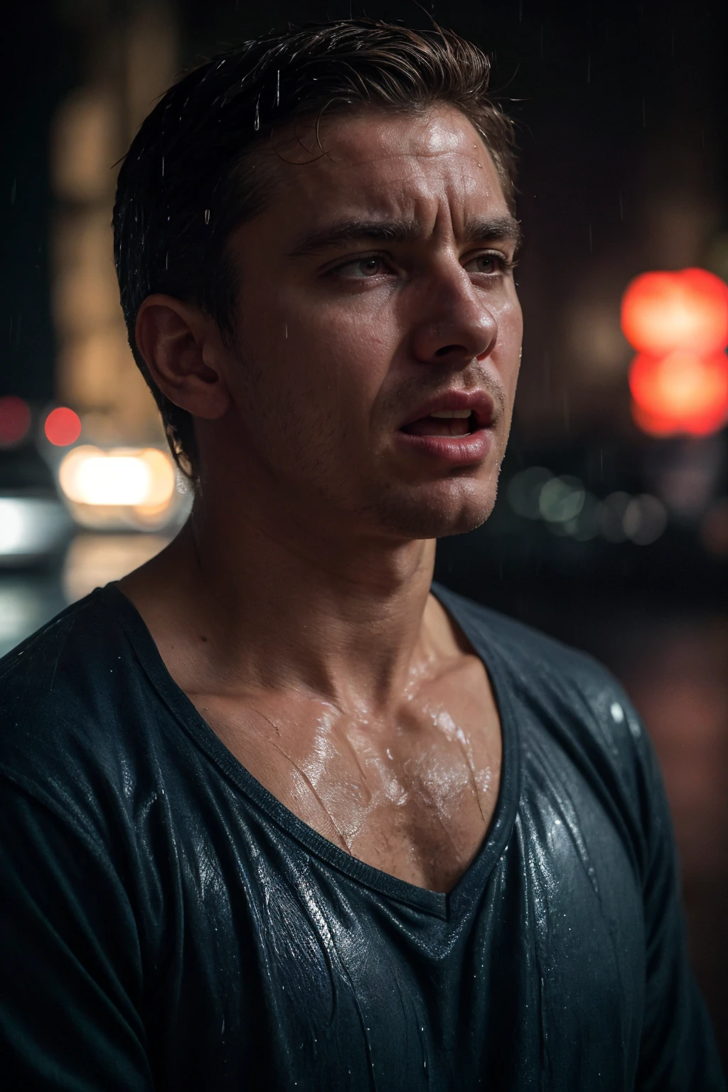 a tired man who is ready to give up screaming in anguish, wet from the rain, evocative picture, dramatic elements, heavy theme, demotivational, emotionally impactful composition, still, realistic, highly detailed, realistic eyes, intricate details, detailed background, depth of field, professional photography, RAW photo, HDR, UHD, 64K, perfect composition, vivid details, vibrant colors, natural lighting, volumetric lighting, bokeh