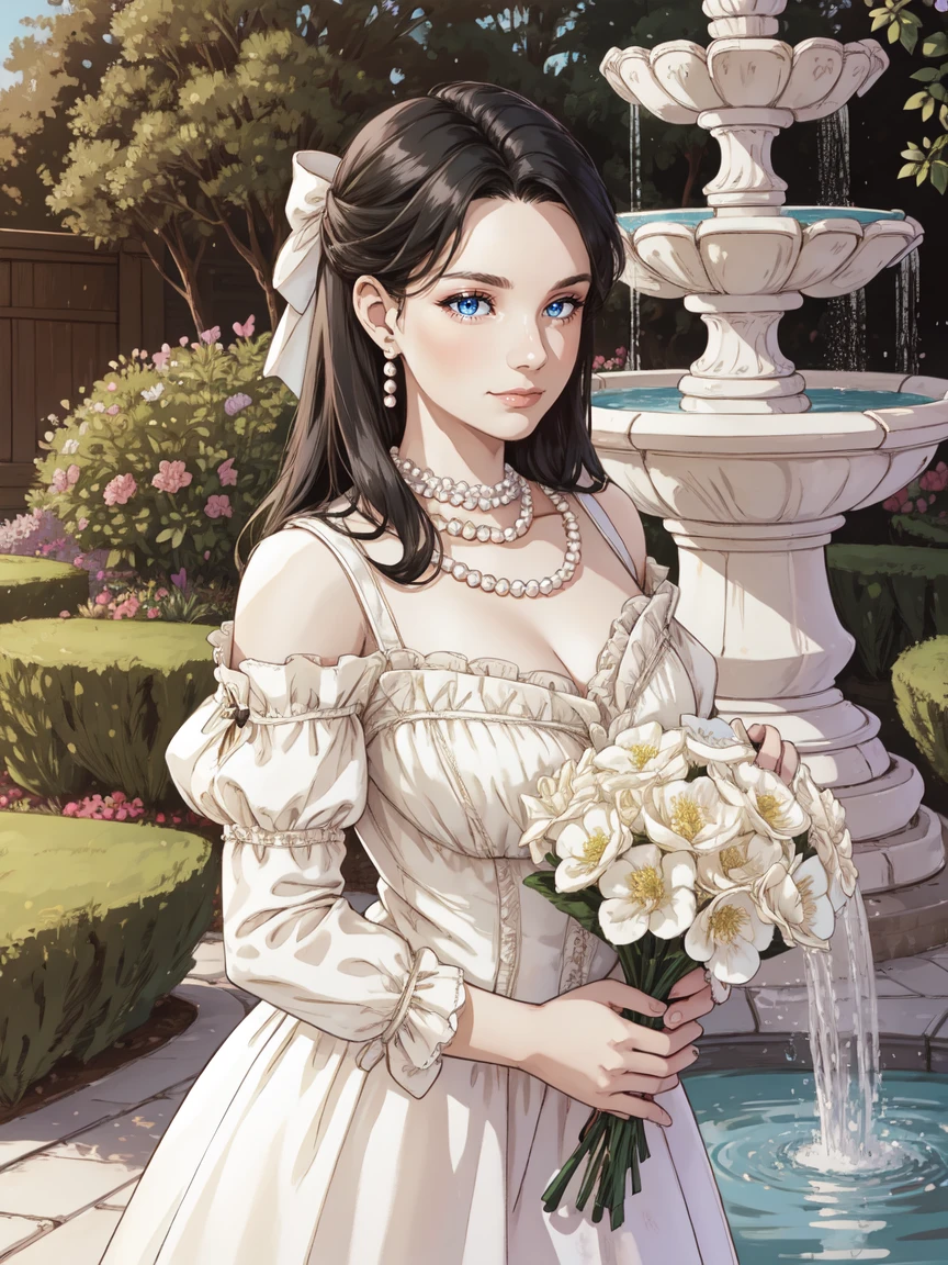 (black hair), adult female, woman, HHUD, <lora:HUD3:0.8>, front view, portrait, holding bouquet, highres, 8k, eyeliner, eyeshadow,HUD_Wht_Gwn, off-shoulder, Edwardian era satin white dress, long dress, puffy short sleeves, flower, fitted bodice, pearl necklace, chest bow, lace appliques. <lora:HUD_Wht_Gwn:0.7>, outdoor garden with fountain