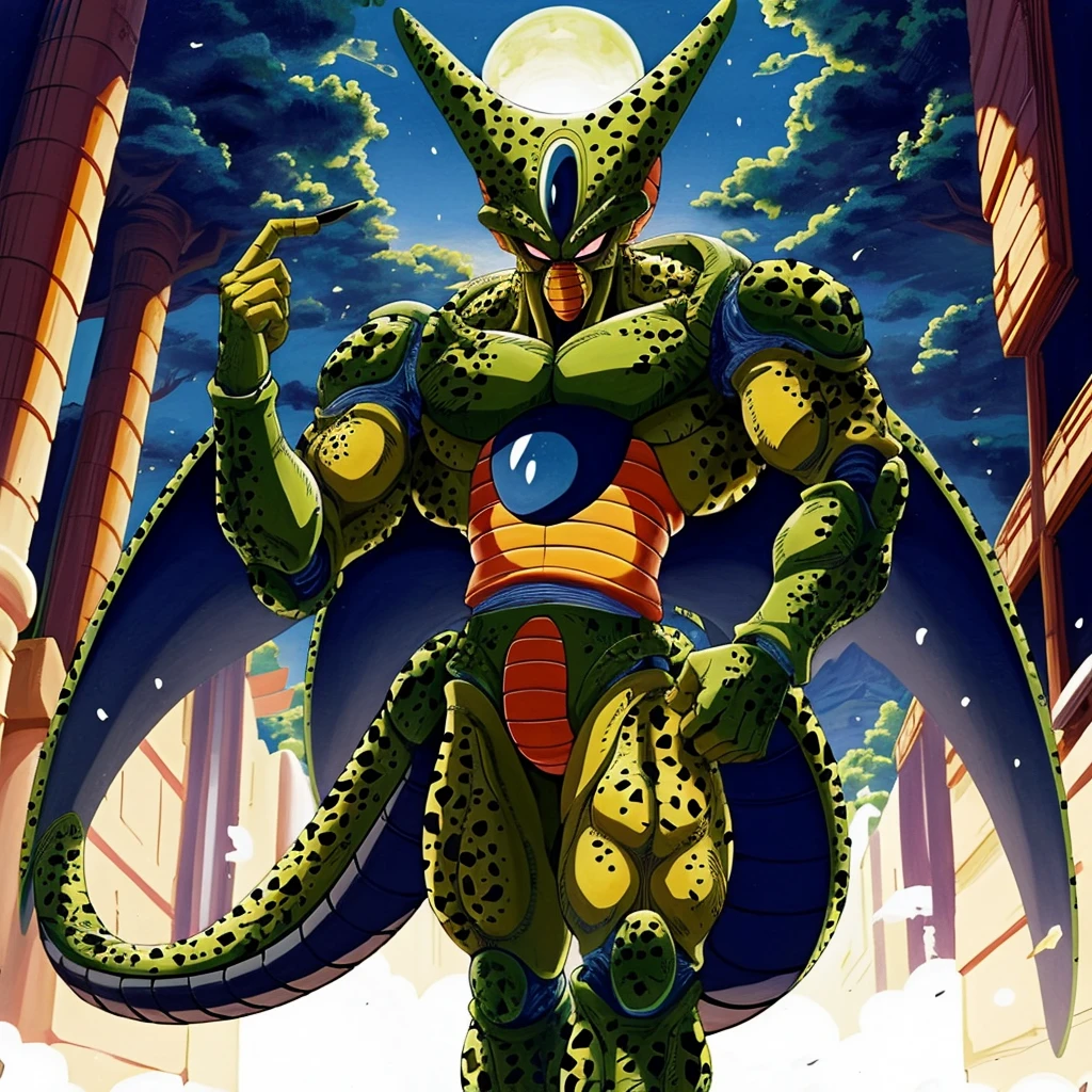 score_9, score_8_up, score_7_up, score_6_up, score_5_up, score_4_up,
vivid colors, 8K, hi-fi,
evil, imperfect cell, villain, green skin, android, robot, indomitable, intricate detailed eyes, slit eyes, masterwork anime illustration, perfect proportions, secluded forest valley, powerful muscular body, looking at viewer, 
((in the style of the Dragonball Z, ))
((in the style of and art by Akira Toriyama, )),
<lora:ImperfectCell:1>