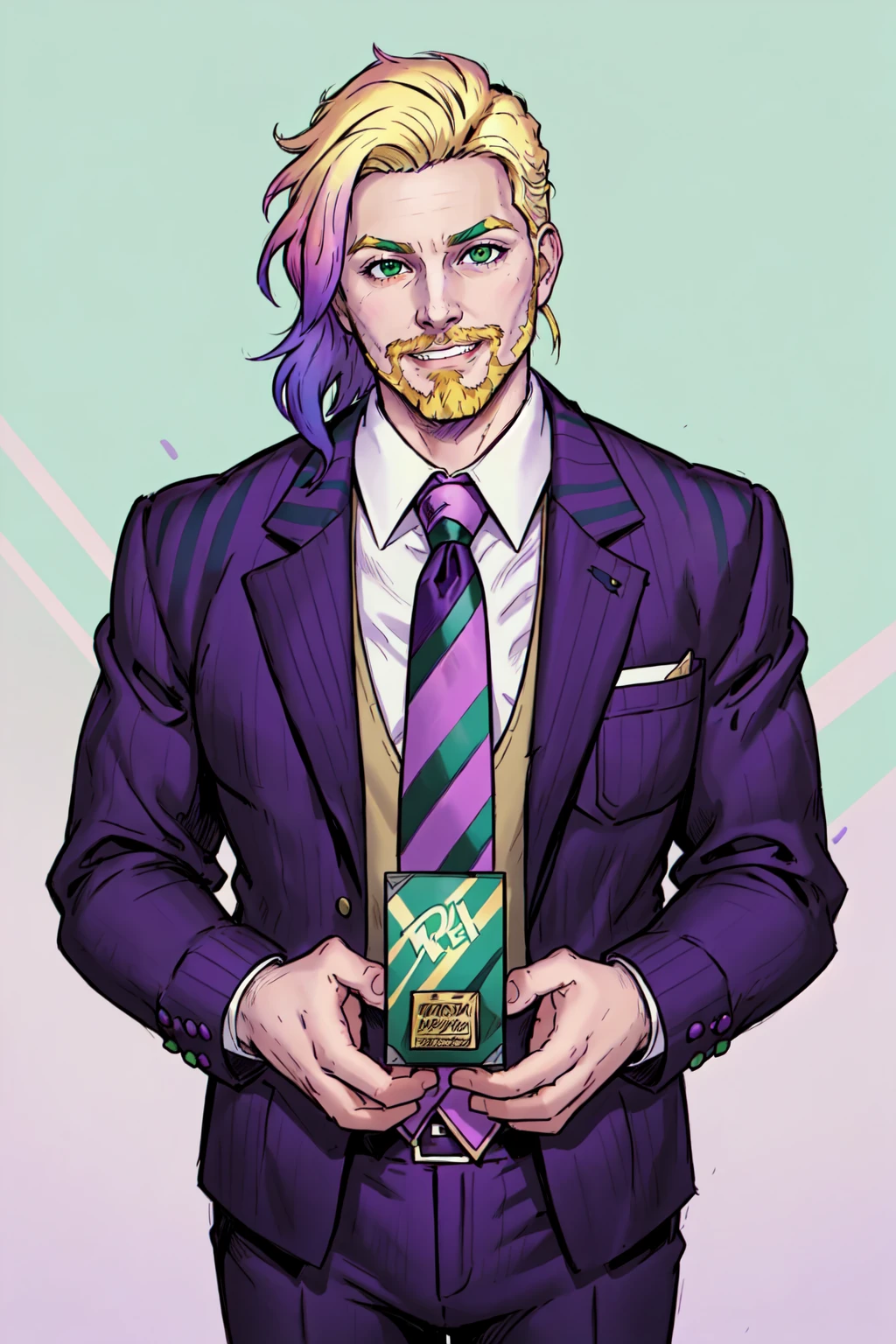 masterpiece, official art, 1boy, male focus, solo, facial hair, necktie, smile, beard, grin, gradient hair, multicolored hair, dyed bangs, blonde hair, purple hair, green hair, purple eyes, green eyes, heterochromia, formal, looking at viewer, prison clothes, striped suit, suit, indoors, office building, in the style of corporate punk, extremely detailed, art by Jack Kirby and Adam Hughes and Terry Dodson, award winning movie poster, in the style of Beetlejuice, because fuck corporations, oh and genocide is evil