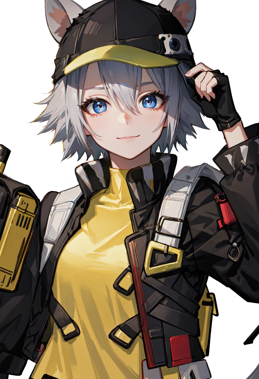 best quality, masterpiece, highres, solo, (click_arknights:1.10), 1girl, black jacket, long sleeves, looking at viewer, official alternate costume, open jacket, smile, upper body, backpack, hand on headwear, simple background, yellow shirt, closed mouth, black gloves, fingerless gloves, white background, 0 <lora:click_arknights:0.80>