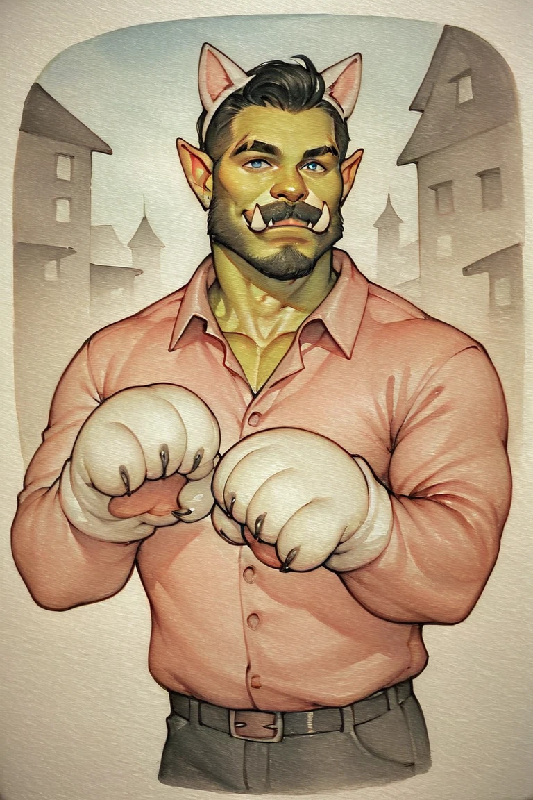 score_9, score_8_up, score_7_up, rating_safe, traditional media, realistic, orc, green skin, tusks, facial hair, beard, mustache, black hair, blue eyes, pink shirt, collared shirt, long sleeves, black pants, muscular, 1boy, solo, male focus, mature male, fake animal ears, animal ears, cat ears, white cat ears, paw gloves, white paw gloves, cat paws, paw pose, smile, looking at viewer, cowboy shot, standing, outdoors, city, building <lora:OIS Gold Fish Style LoRA_Pony XL v6 ALT:0.7>
