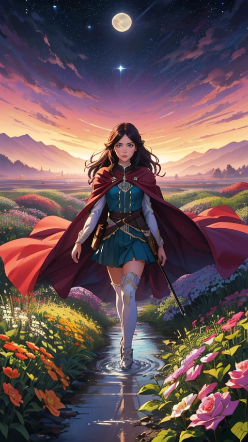 (best quality, masterpiece, highres:1.2), Alone, (pretty explorer space traveler delicate girl portrait in long detailed and intricated cape, mystical maze garden), view from above, long hair, flowers, dnd character, insanely detailed, 8k, Poster, intricate, beksinski, production cinematic character render, artstation trends, sharp focus, studio photo, realism, expert, intricate, insanely detailed, 4k resolution, sunset, by Drew Struzan, Artgerm, WLOP, moon, rutkowski, loish, rhads, rossdraws, highly detailed, walk on camera, (water), mesmerizing scenery from another world, kingdom, (intricate details)