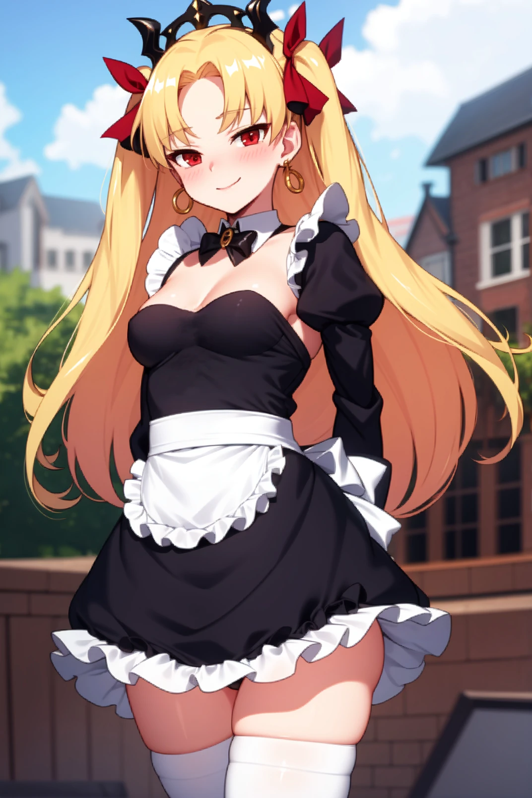 solo, masterpiece, best quality, outdoors, cowboy shot, looking at viewer, ereshkigal, red eyes, blonde hair, long hair, two side up, parted bangs, red hair ribbon, tiara, earrings, black dress, bowtie, waist apron, frilled apron, frills, maid, juliet sleeves, puffy sleeves, long sleeves, white thighhighs, smile, closed mouth, blush, standing, arms behind back