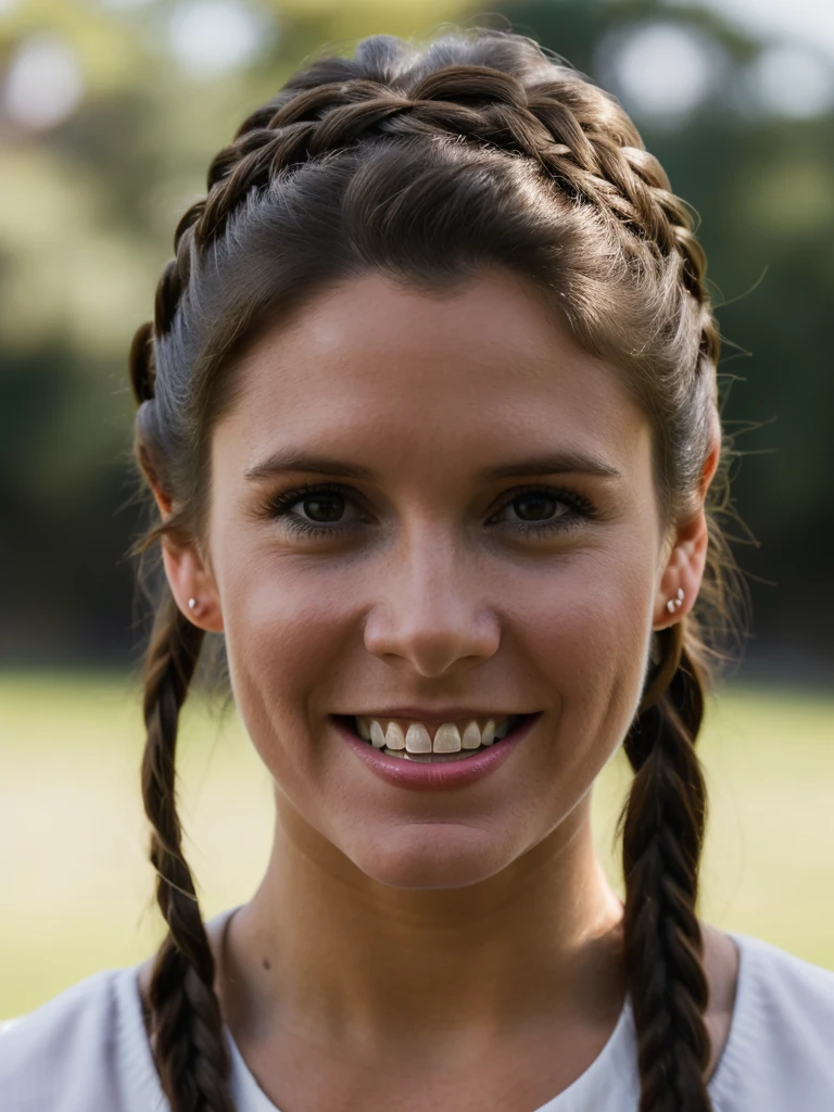 A beautiful c4rr13f,1girl, solo, smile, brown hair, brown eyes, upper body, braid, teeth, grin, realistic, real life insert,soft lighting, professional Photography, Photorealistic, detailed, RAW, analog, sharp focus, 8k, HD, high quality, masterpiece<lora:c4rr13f:1.0>