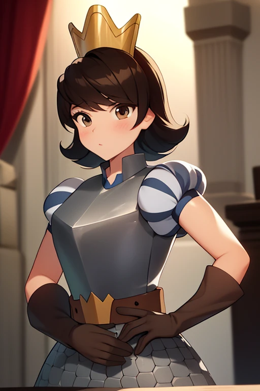 princess, armor princess, gloves, crown, short sleeves, puffy sleeves, breastplate, brown gloves <lora:princess-06:1>, masterpiece, best quality