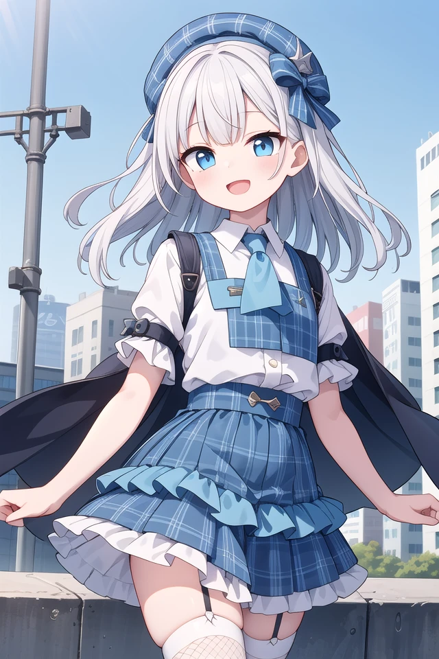 (cleavage:-1.5), insanely detailed, absurdres, ultra-highres, ultra-detailed, best quality,
1girl, solo, nice hands, perfect hands,
BREAK
(gothic drress, Idol costume:1.3), (blue and white theme:1.2), (white blouse:1.4), (white collar, tie:1.3), (open short-cape:1.3), (short sleeve:1.2), (blue tartan-check pattern (ruffle-skirt, multilayer-skirt):1.4), (white basque-beret with ribbon:1.3), (Fishnet stockings:1.3), (glove:1.2), (cleavage:-1.5)
BREAK
happy smile, laugh, open mouth,
standing,own hands together,
cowboy shot,
BREAK
slender, kawaii, perfect symmetrical face, ultra cute girl, ultra cute face, ultra detailed eyes, ultra detailed hair, ultra cute, ultra beautiful,
BREAK
cityscape in tokyo, ultra detailed background, blue sky, bay side, panorama view,
medium breasts, white hair, blue eyes