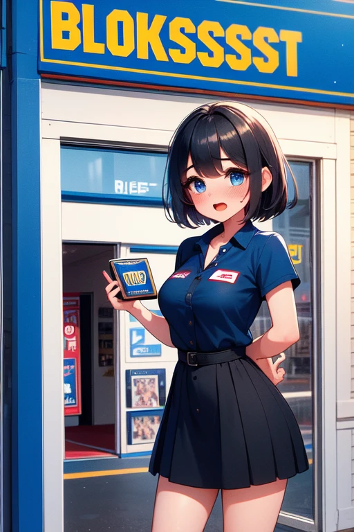 (((masterpiece, best quality, very aesthetic, absurdres))), (((2girls))), (((blockbuster))), (((red "R18" word logo))), ((clerk holding a video rental store goods)),blue cap, blue polo shirt, khaki pants, look at each other, (((storefront))), (((glass door))), (((night))), parted lips, guest in short dress, solo, 1girl, ribbon, sweat, shy, blush, open mouth, moist skin, pretty face, big tits, slim figure, <lora:girllikeblockbuster:1>