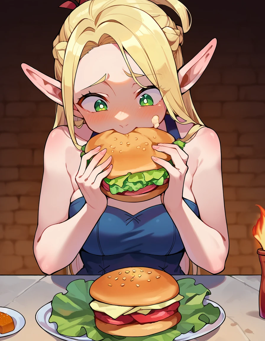 score_9, score_8_up, score_7_up, score_6_up, source anime, BREAK
<lora:dungeon_meshi_marcille:1> ellicrampnxl, marcille donato, 1girl, pointy ears, elf, dungeon,
burger, holding food, holding, eating, blush, food on face,  :t, stomach, lettuce, bare shoulders,