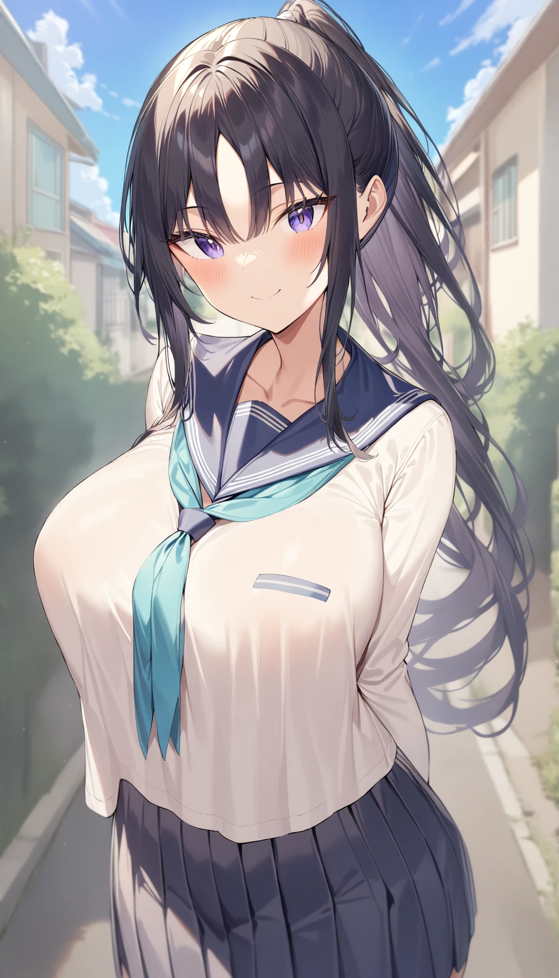 1girl,masterpiece, best quality, very aesthetic, absurdres,outdoors,suburbs,ponytail,black hair, long hair,large breasts,standing,solo,parted_bangs,pleated_skirt,upper body,blue_sailor_collar,smile<lora:Hiiragi_Yuichi_style:1>