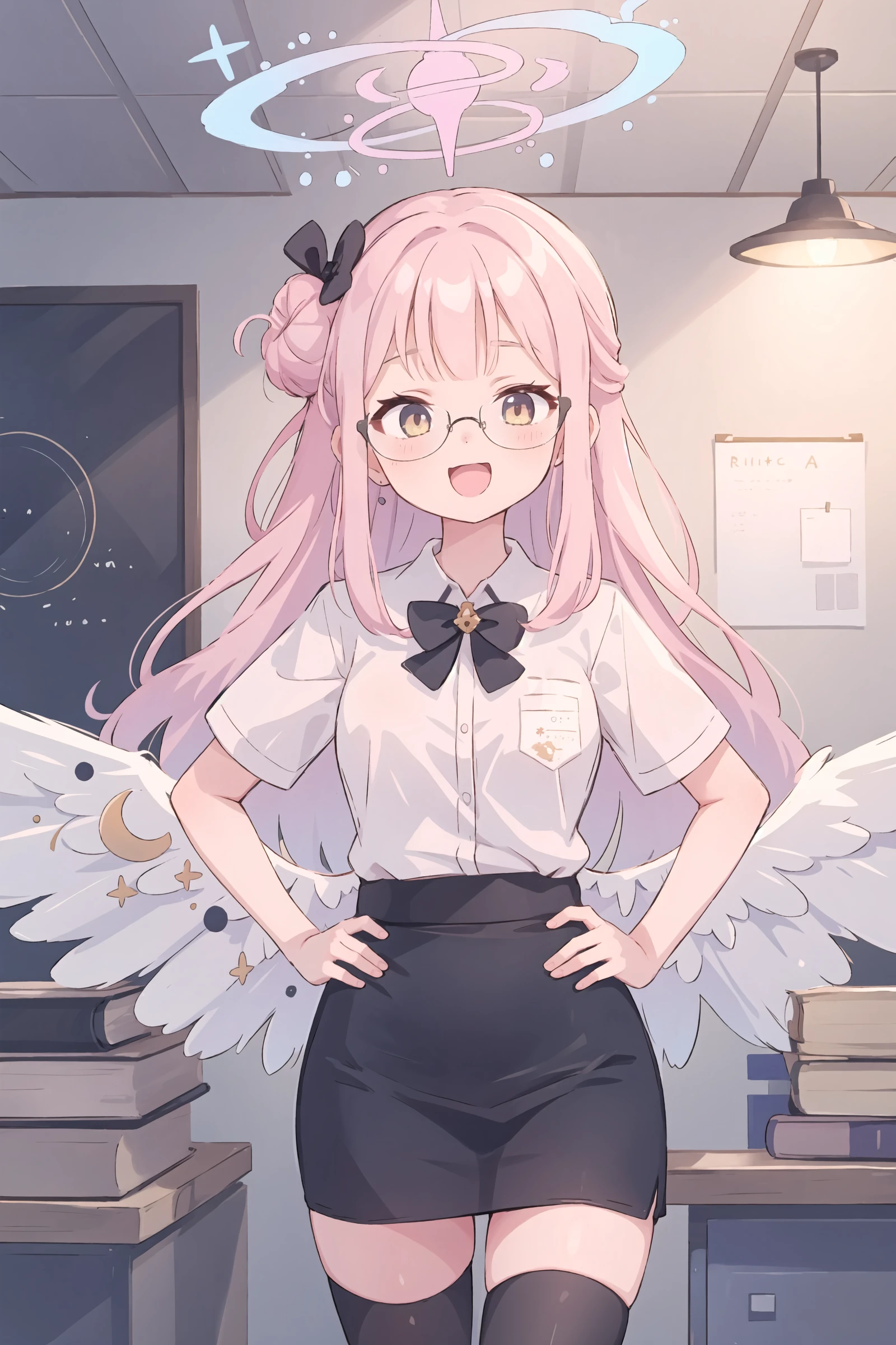 1girl, mika \(blue archive\), solo, halo, low wings, single side bun, office lady, collared shirt, white shirt, pencil skirt, black thighhighs, glasses, looking at viewer, cowboy shot, office, indoors, depth of field,  <lora:Smug:0.8> smug, open mouth, hands on hips