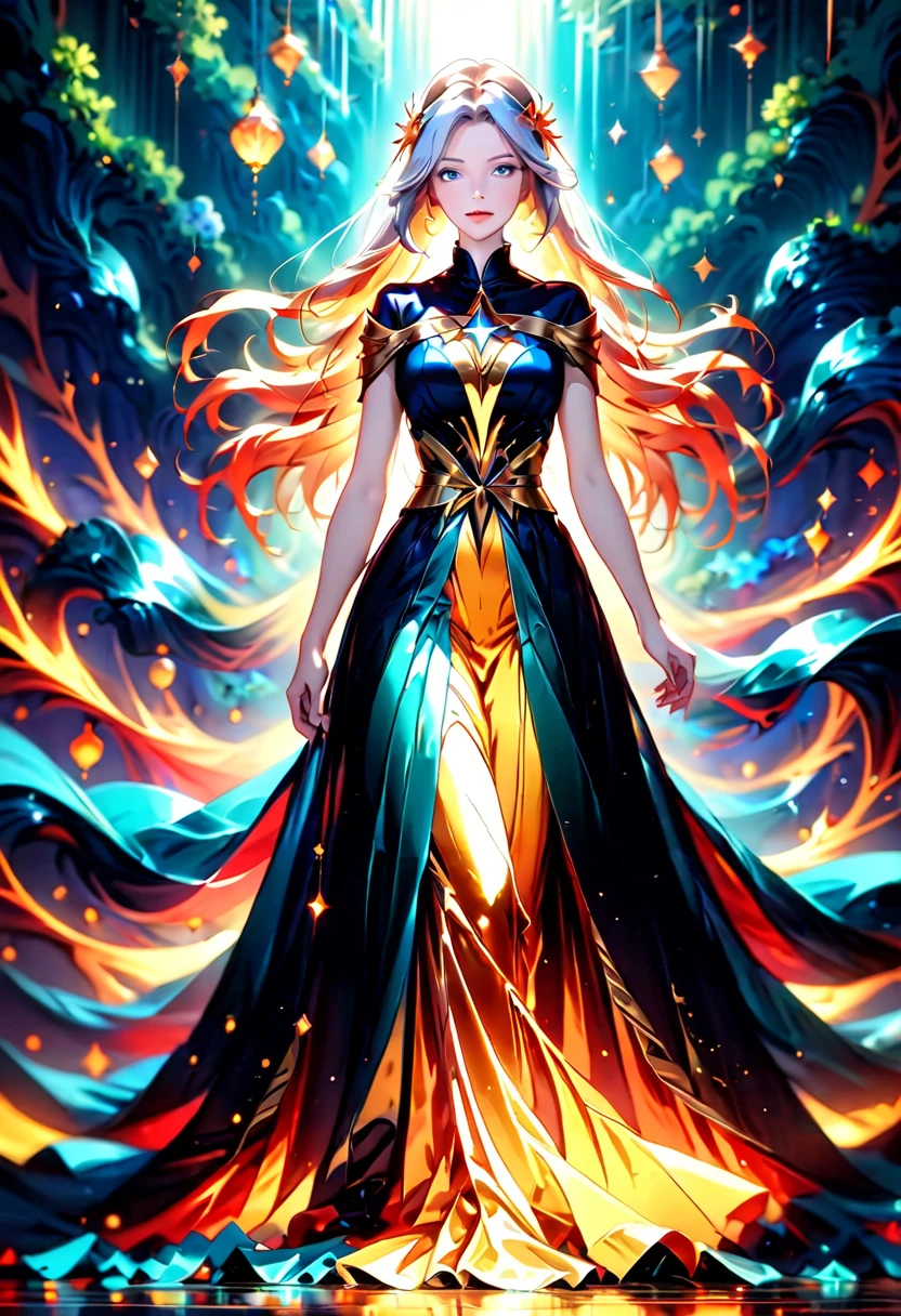 1woman, amazing dress that flows, glowingink, cartoon, cartoon, anime