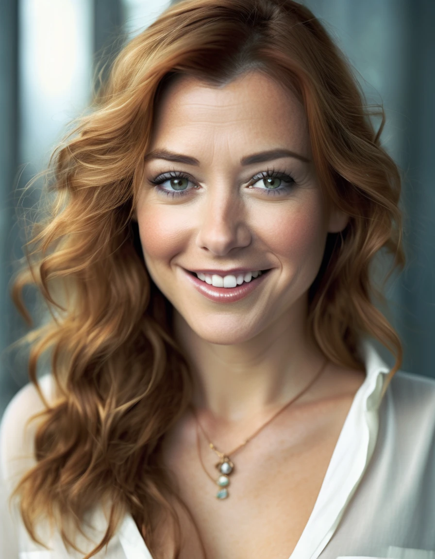 <lora:Alyson Hannigan V5:1.0> professional celebrity photography of a young and beautiful  alynhnnsnwllw woman, smiling, (symmetrical headshot:1.1), honest, RAW, cold tones, sharp, square shoulders, face focus, (skin pores:0.1), hyper detailed, subsurface scattering, caustics, in style of Platon shot on Canon EOS 5D Mark IV 24-70mm f/2.8 1/125s 400 Natural light, reflectors, wearing a satin blouse .