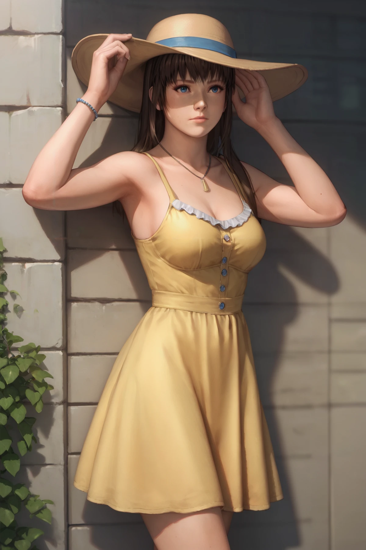 A girl in a yellow dress, with brown hair and yellow hat. She has a sexy and attractive appearance. Delicate and detailed face, face with all the delicacy of a princess, eyes beautiful detailed. Her blouse is open, revealing her big, attractive breasts. The medium used to represent this work of art is oil painting, ensuring a detailed, high-quality result. The painting style is realistic and photorealistic, with vivid colors and sharp focus. General lighting is well balanced, lighting the scene beautifully. Super definition image, 8K image, rich in details, 