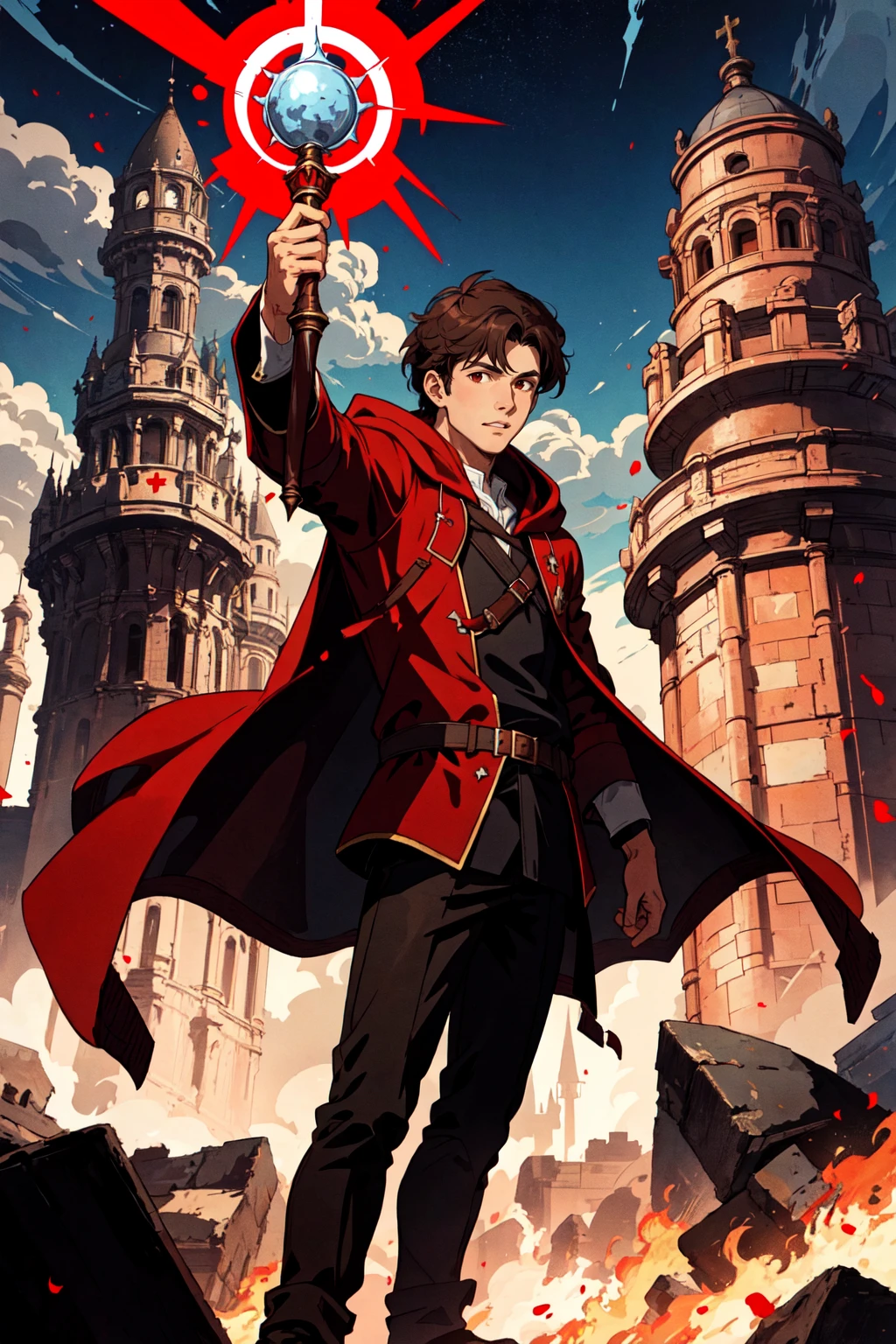 solo, brown hair, black hair, 1boy, jacket, male focus, red robes, hood down, staff, magic, four point perspective, masterpiece, official art,