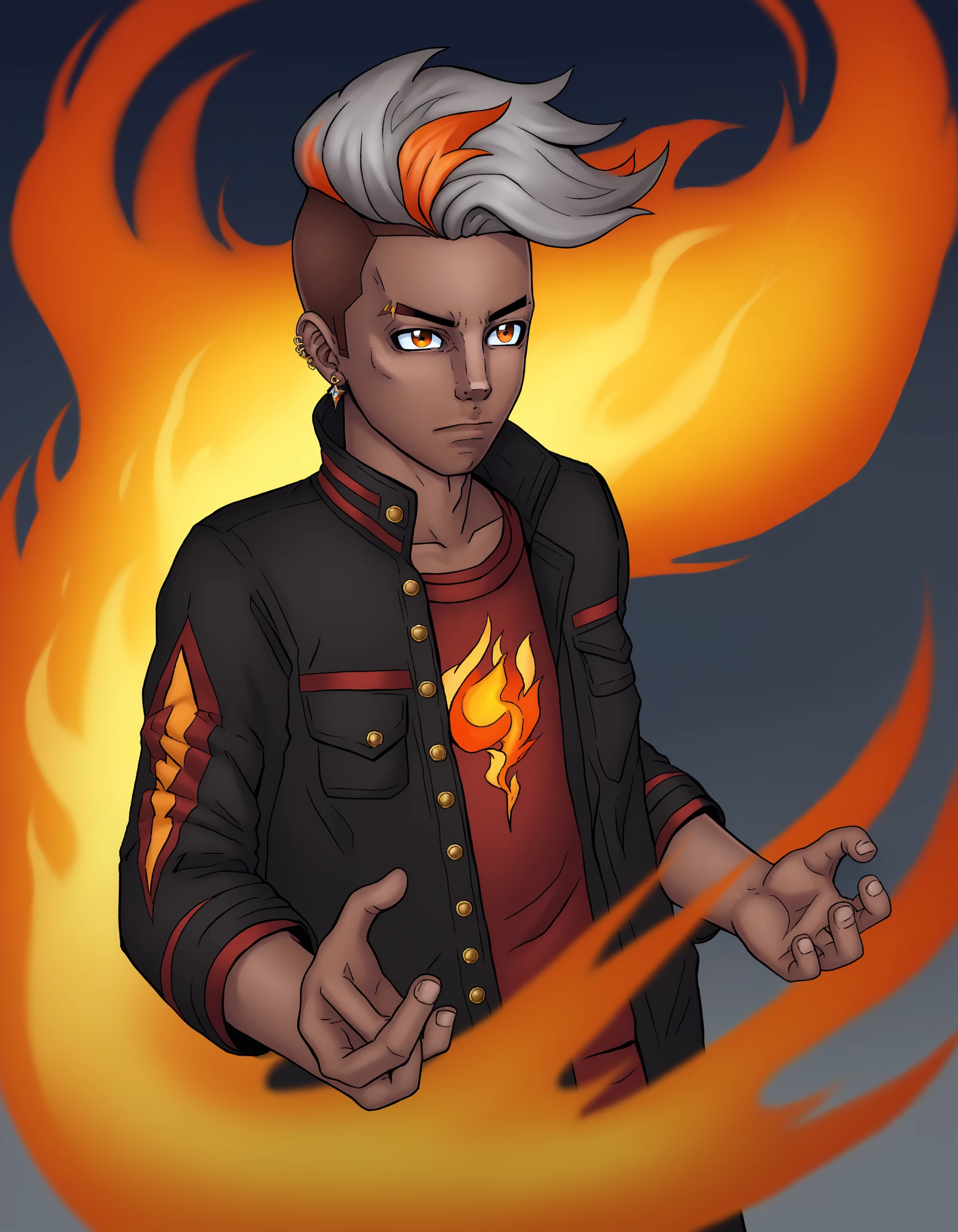 1boy, brown eyes, jewelry, closed mouth, jacket, dynamic pose, grey hair, male focus, multicolored hair, earrings, dark skin, dark-skinned male, orange eyes, floating hair, glowing, dark-skinned male, fire, undercut, fiery hair, eyebrow cut, source_anime, source_pony, source_cartoon , depth of field, outdoors, cinematic angle, flat color,, PonyXLV6_Scores