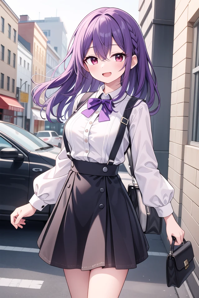 insanely detailed, absurdres, ultra-highres, ultra-detailed, best quality,
1girl, solo, nice hands, perfect hands
BREAK
braid, shirt, holding, mary janes, socks, black skirt, long hair, white shirt, suspender skirt, white socks, long sleeves, ribbon, suspenders, standing, ruffles, black ribbon, bow , black bow tie, long skirt, black bow, neck ribbon, bowtie, bag
BREAK
(nsfw:-1.5)
BREAK
happy smile, laugh, open mouth
BREAK
standing, cowboy shot, looking at viewer
BREAK
slender, kawaii, perfect symmetrical face, ultra cute girl, ultra cute face, ultra detailed eyes, ultra detailed hair, ultra cute, ultra beautiful
BREAK
in school ground, depth of field, ultra detailed background
BREAK
large breasts
BREAK
(purple hair:1.3), red eyes, milkmaid braids, hair between eyes