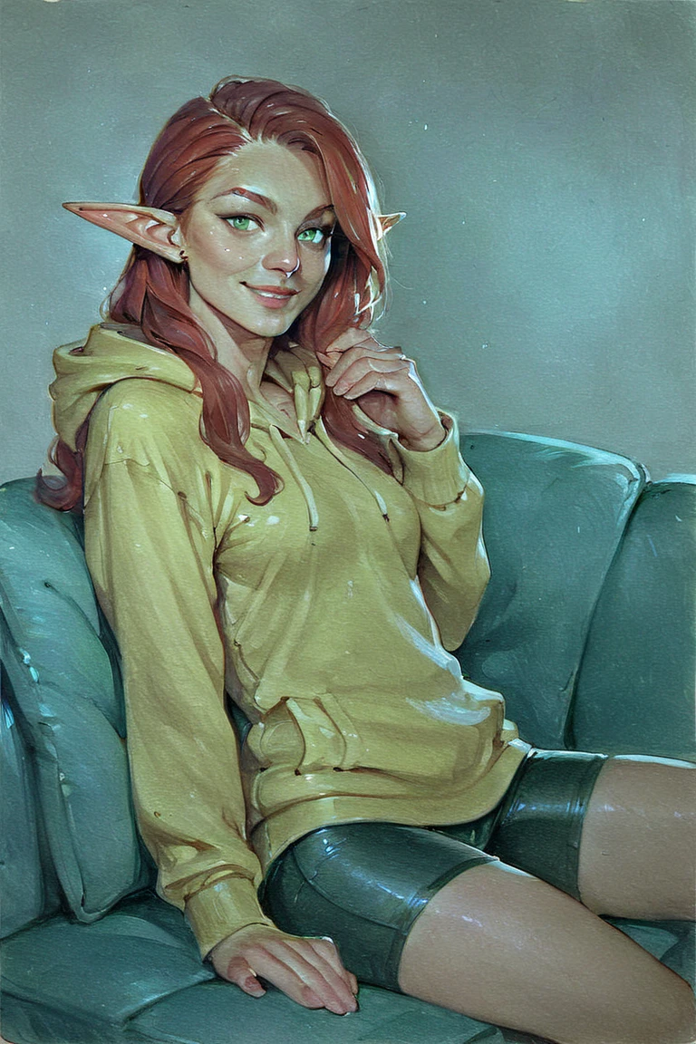 score_9, score_8_up, score_7_up, rating_safe, traditional media, realistic, elf, pointy ears, red hair, long hair, green eyes, yellow hoodie, bike shorts, smile, 1girl, solo, looking at viewer, cowboy shot, sitting, on couch, couch, indoors, living room <lora:Turquoise Style LoRA_Pony XL v6 ALT:0.7>