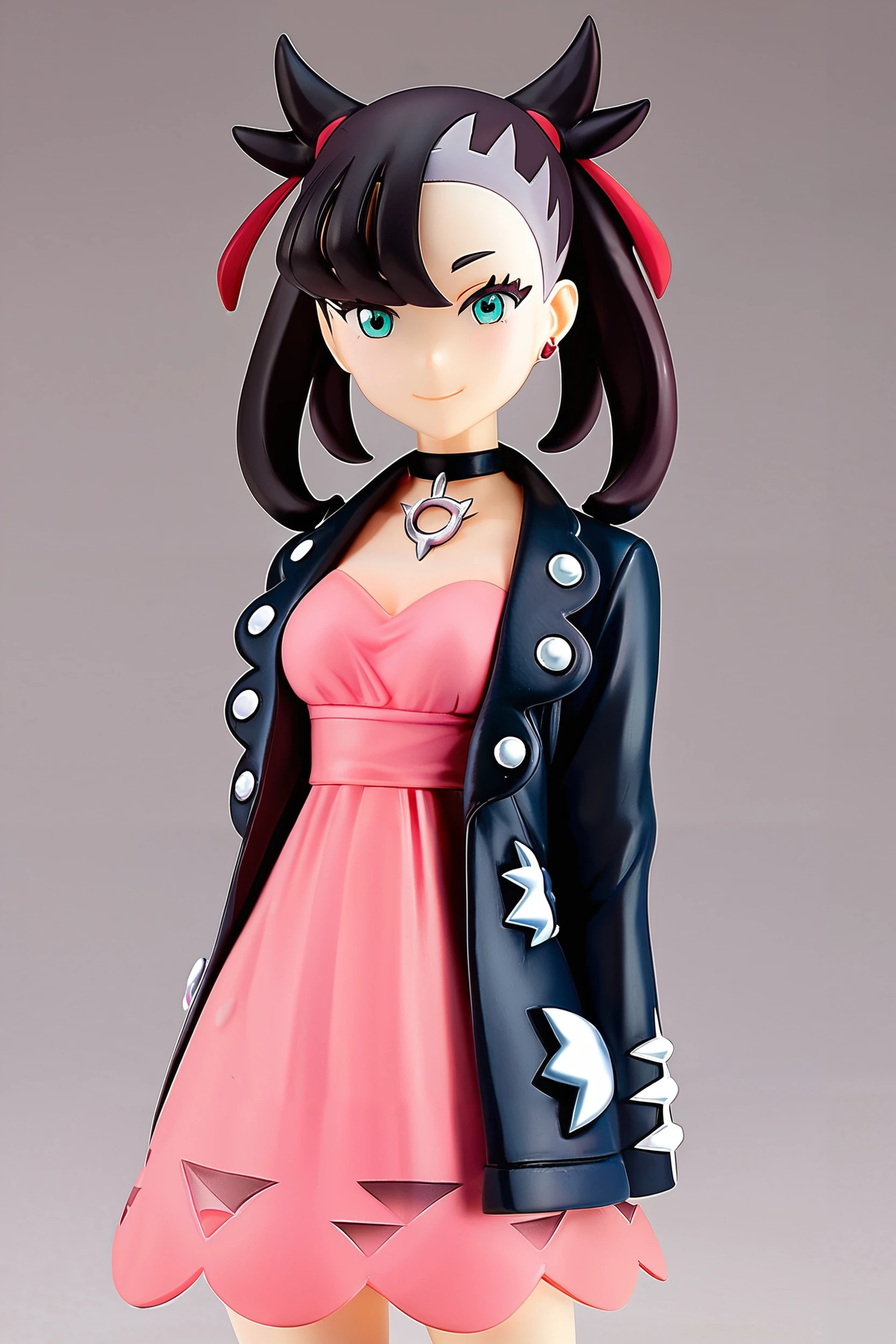 score_9, score_8_up, score_8, medium breasts, cute, eyelashes, figure, marnie \(pokemon\), aqua eyes, black choker, red ribbon, pink dress, jewelry, black jacket, open clothes, long sleeves, solo, smiling, looking at viewer, cowboy shot, , <lora:Anime_Figure_P1:1>,