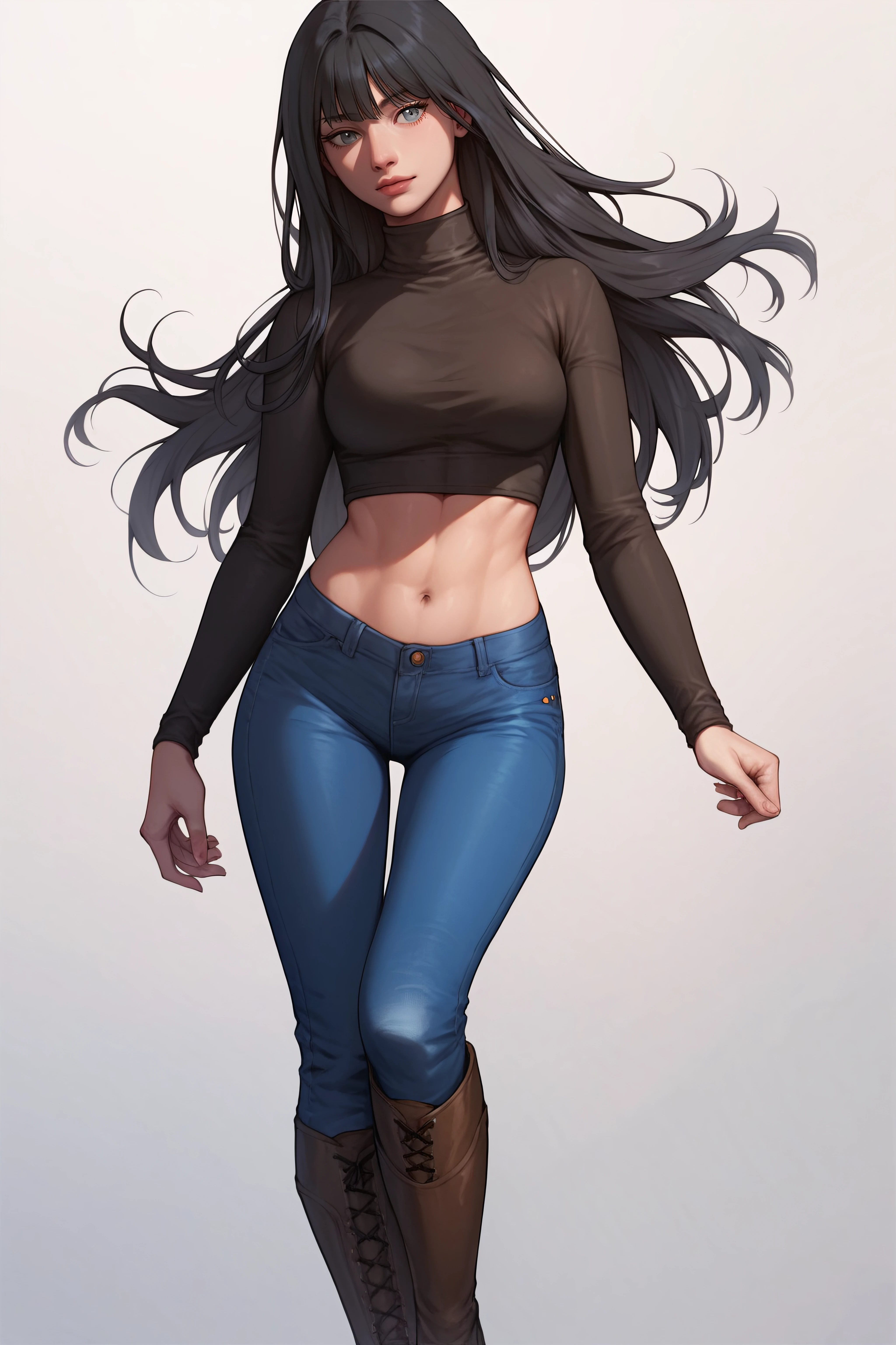 score_9, score_8_up, score_7_up, <lora:Kang Yuna-PonyXL-lora-faxtron:0.8> kang yuna, blueish-gray eyes, black hair, long hair, medium breasts, navel, black turtleneck, long sleeves, blue jeans, brown knee boots,