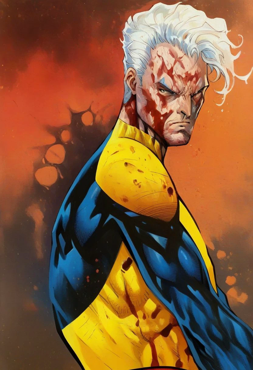 score_9, score_8, xmblzxl, in j_lee artstyle, male focus, 1boy, upper body, solo, superhero, white hair, bodysuit, blood stains, belt, two tone bodysuit, yellow bodysuit, blue bodysuit, traditional media, hatching (texture), comic book art