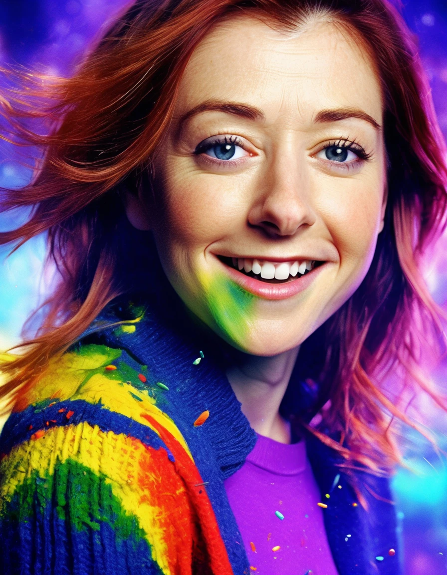 <lora:Alyson Hannigan V5:1.0>, close, face focus, photo of ((alynhnnsnwllw woman)), snapshot aesthetic, dramatic lighting, color cannon explosion,  paint on body, rainbow colored sweater, splash, particles, dynamic background,, (masterpiece, best quality, ultra-detailed, best shadow), high contrast, (best illumination), ((cinematic light)), colorful, hyper detail,