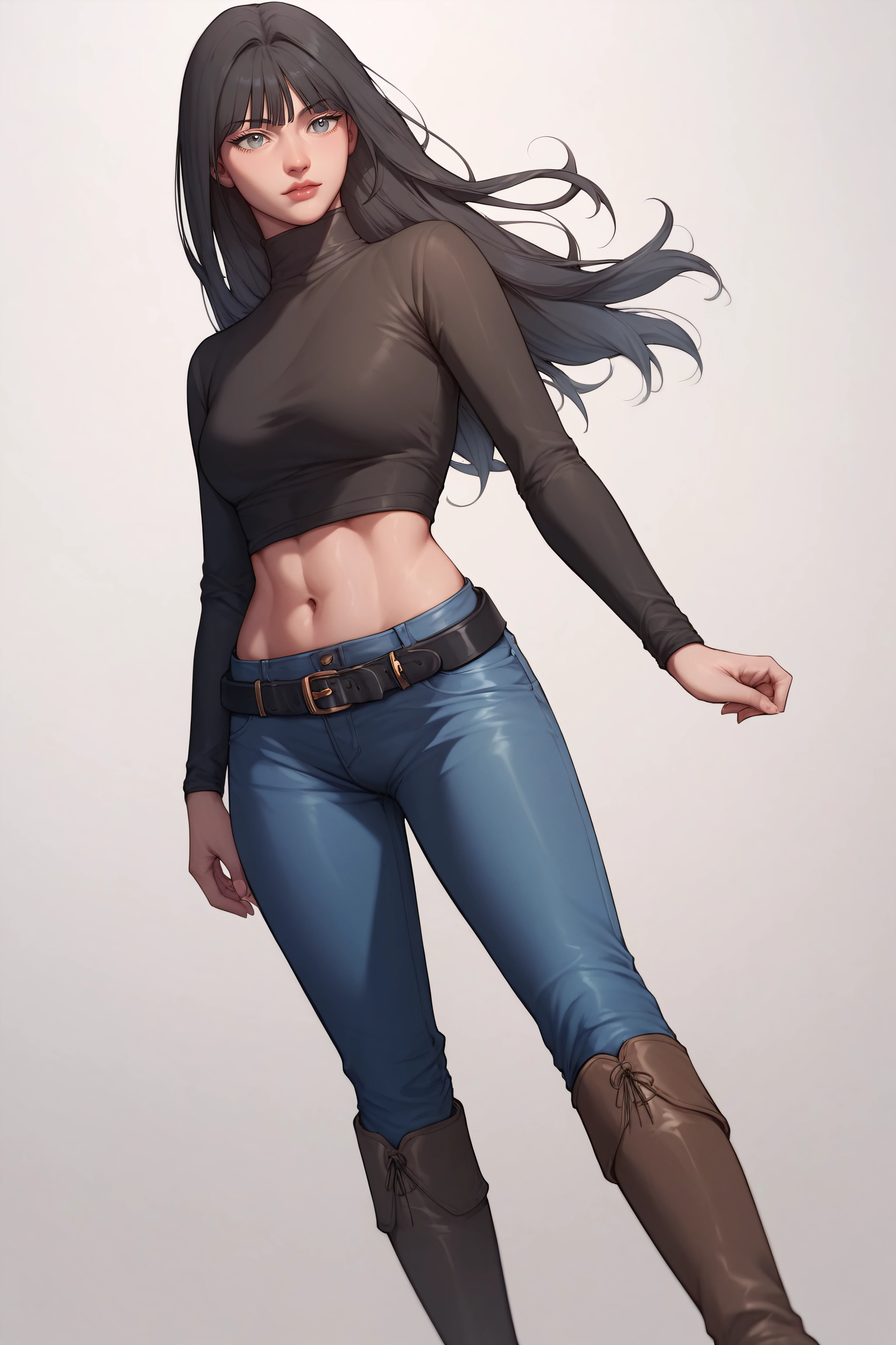 score_9, score_8_up, score_7_up, <lora:Kang Yuna-PonyXL-lora-faxtron:0.8> kang yuna, blueish-gray eyes, black hair, long hair, medium breasts, navel, belt, black turtleneck,  long sleeves, blue jeans, brown knee boots,