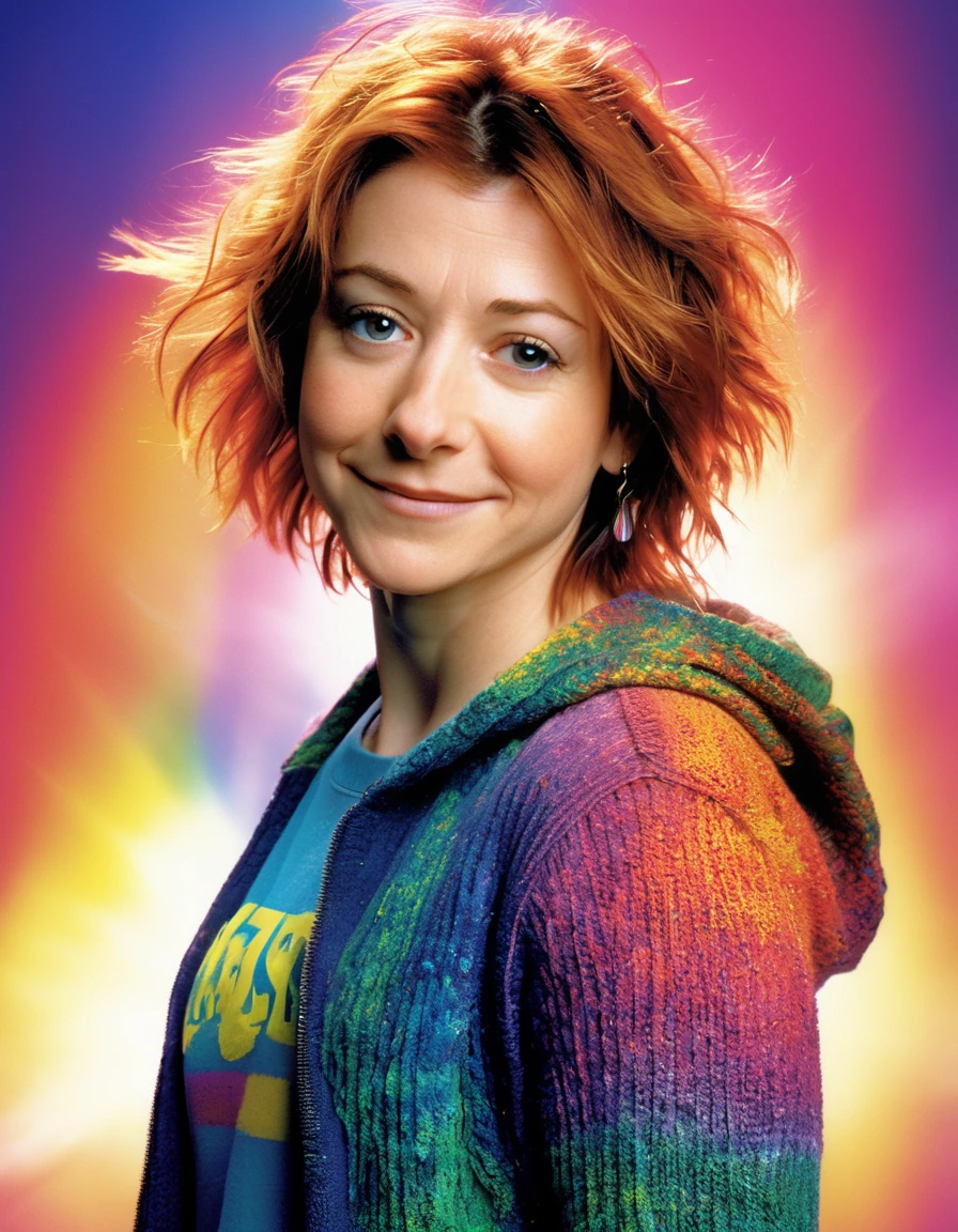 <lora:Alyson Hannigan V5:1.0>, close, face focus, photo of ((alynhnnsnwllw woman)), snapshot aesthetic, dramatic lighting, color cannon explosion,  paint on body, rainbow colored sweater, splash, particles, dynamic background,, (masterpiece, best quality, ultra-detailed, best shadow), high contrast, (best illumination), ((cinematic light)), colorful, hyper detail,