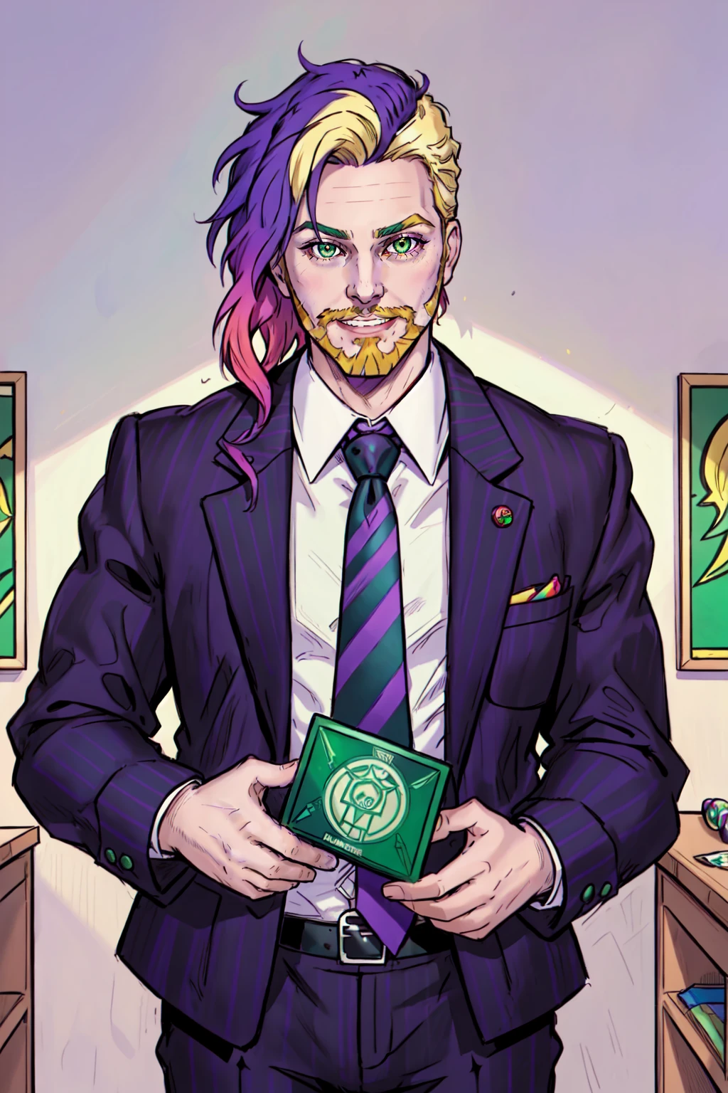 masterpiece, official art, 1boy, male focus, solo, facial hair, necktie, smile, beard, grin, gradient hair, multicolored hair, dyed bangs, blonde hair, purple hair, green hair, purple eyes, green eyes, heterochromia, formal, looking at viewer, prison clothes, striped suit, suit, indoors, office building, in the style of corporate punk, extremely detailed, art by Jack Kirby and Adam Hughes and Terry Dodson, award winning movie poster, in the style of Beetlejuice, because fuck corporations, oh and genocide is evil